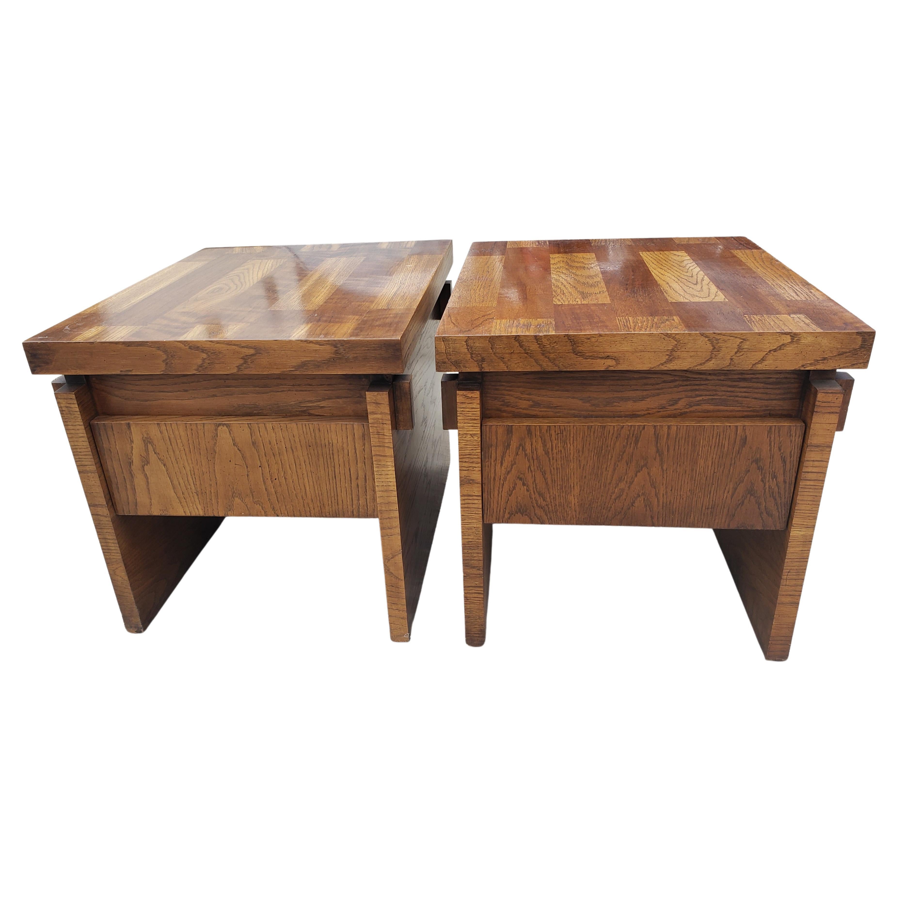 Lane One Drawer Brutalist Chunky  Oak Parquetry Side Tables Circa 1970s, a Pair 