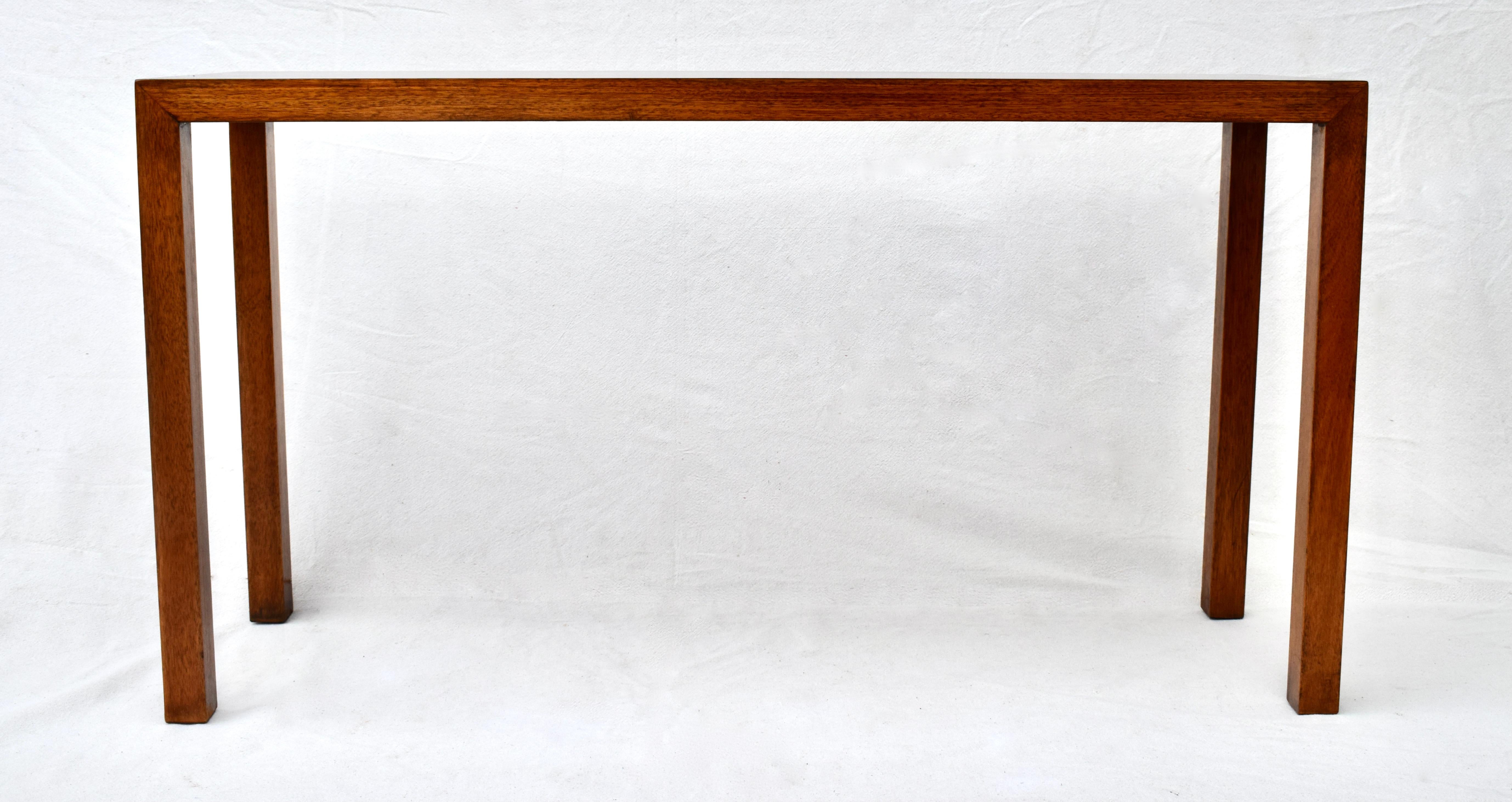 1960's quarter book-matched walnut Parsons table by Lane Altavista Furniture with striking fiery grains to the refinished top having distance design elements as seen in Milo Baughman designs. Branded with style number to the under side.