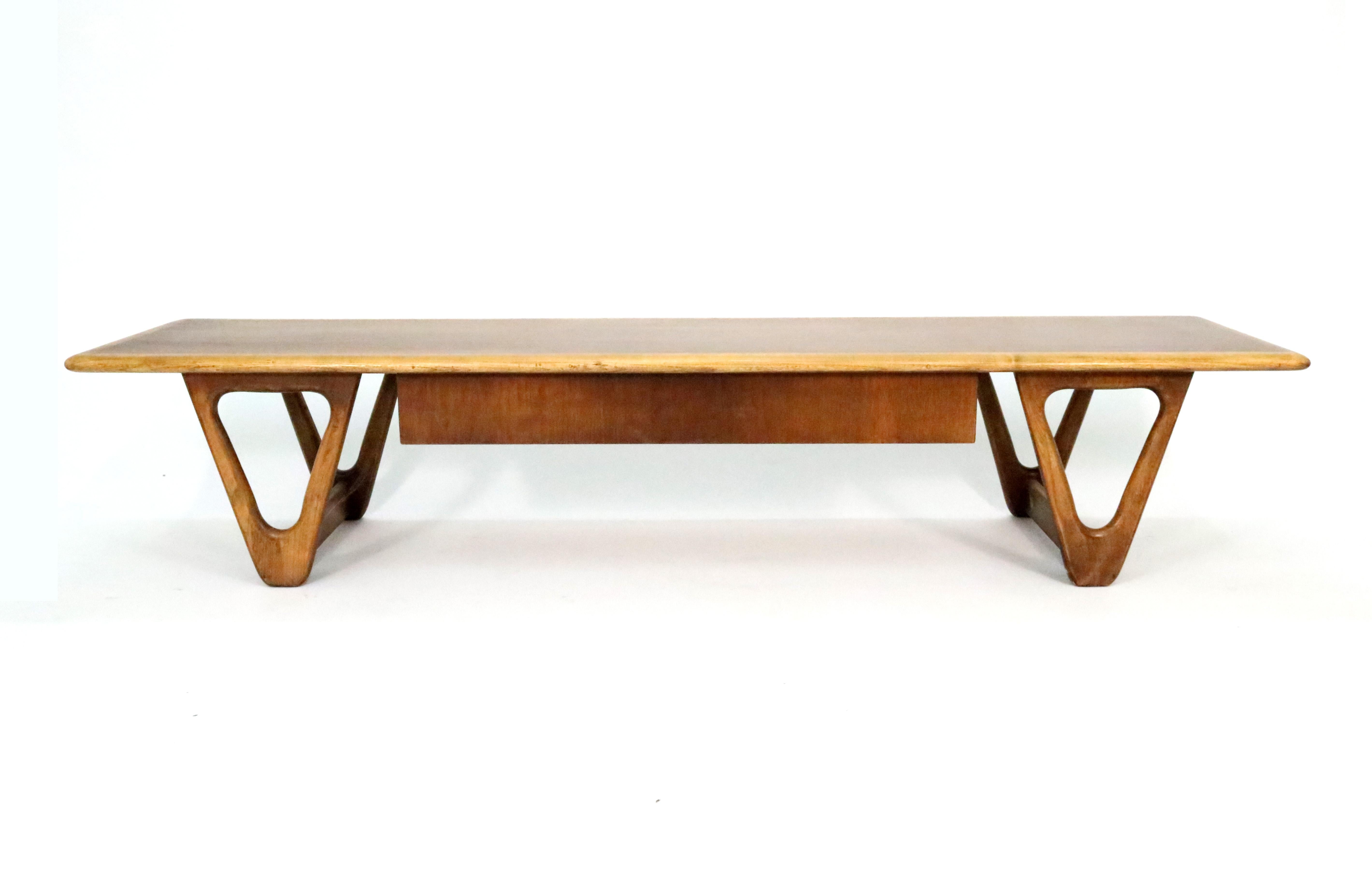 'Perception' walnut coffee table with lattice-front drawers and triangle legs by Warren Church for Lane.
