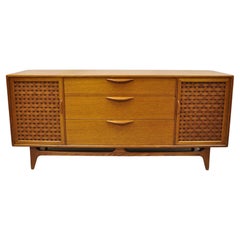 Vintage Lane Perception Mid-Century Modern Oak Wood Lattice Long Dresser Credenza