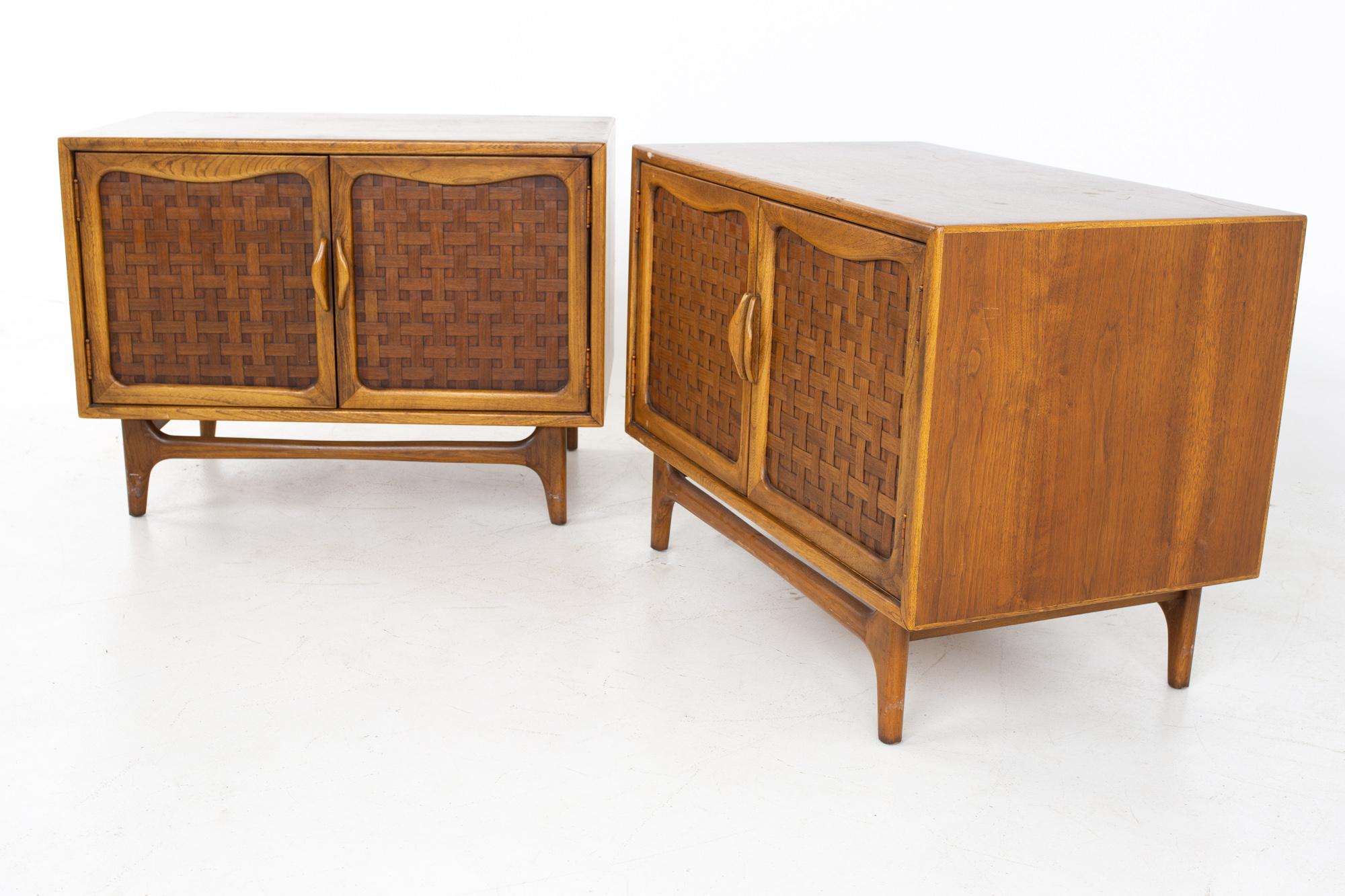 Lane perception Mid Century nightstands or record cabinets, a pair
Each nightstand measures: 30 wide x 18 deep x 22 inches high

All pieces of furniture can be had in what we call restored vintage condition. That means the piece is restored upon