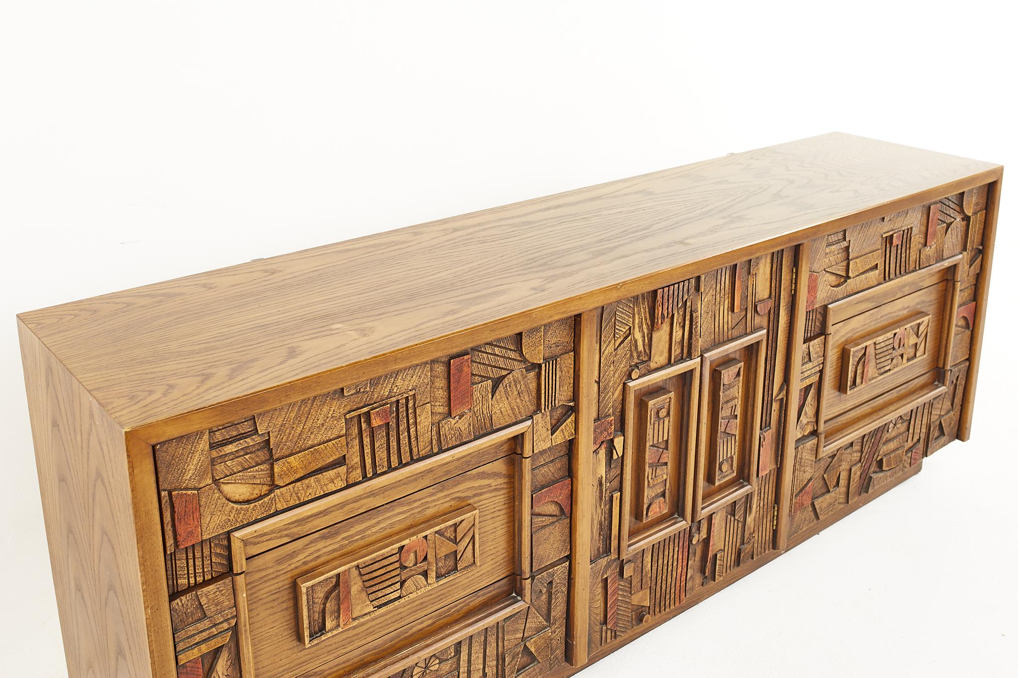 American Lane Pueblo Brutalist Mid-Century 9 Drawer Lowboy Dresser