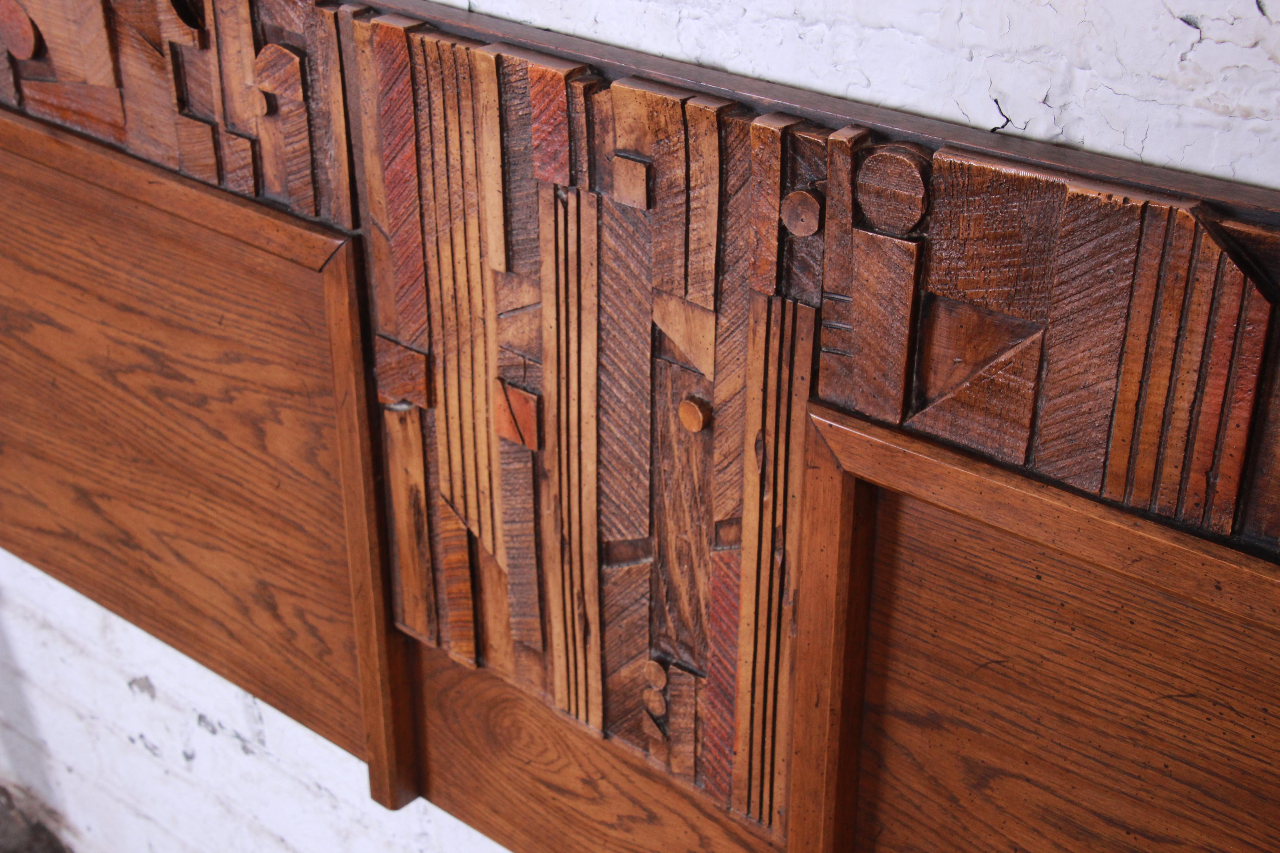 American Lane Pueblo Brutalist Mid-Century Modern Oak King Size Headboard, 1970s