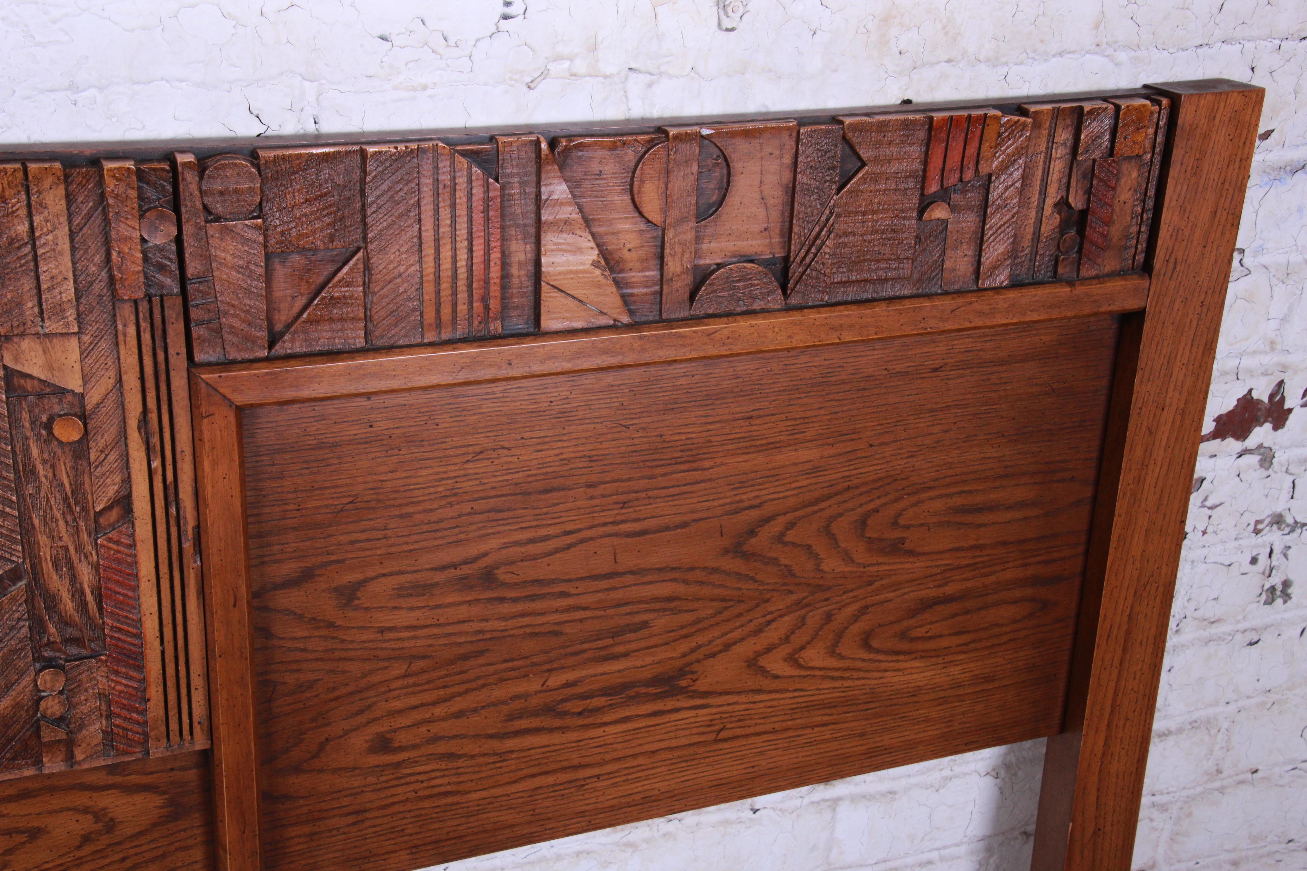 Lane Pueblo Brutalist Mid-Century Modern Oak King Size Headboard, 1970s 1
