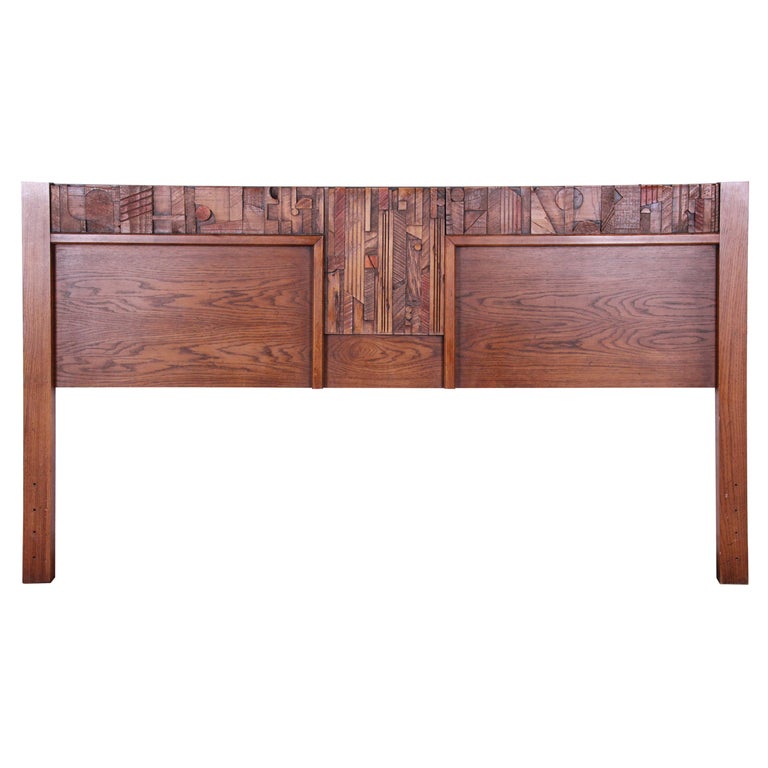 Lane Pueblo Brutalist MidCentury Modern Oak King Size Headboard, 1970s at 1stDibs