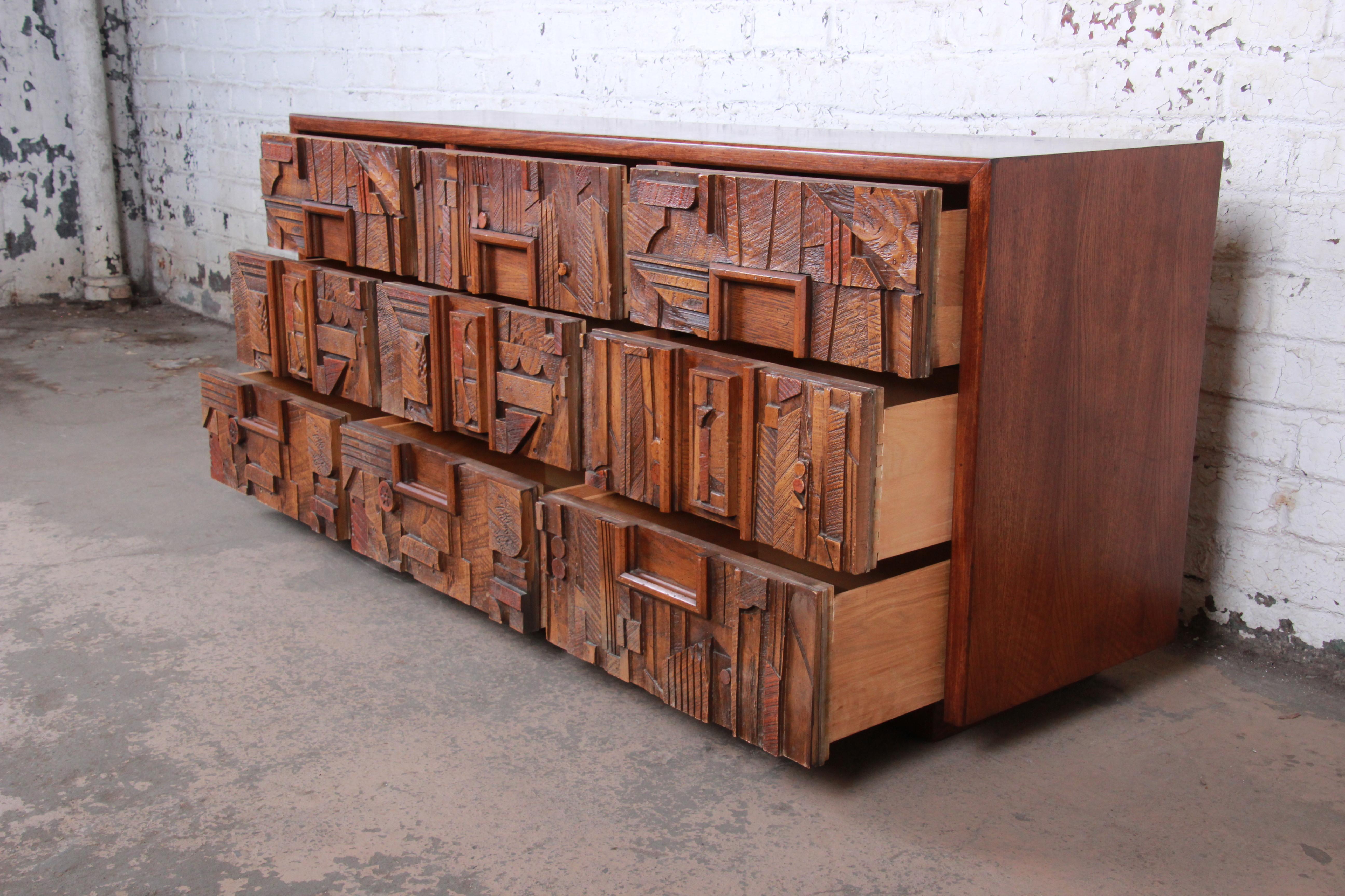 Lane Pueblo Brutalist Mid-Century Modern Oak Long Dresser or Credenza, 1970s 1