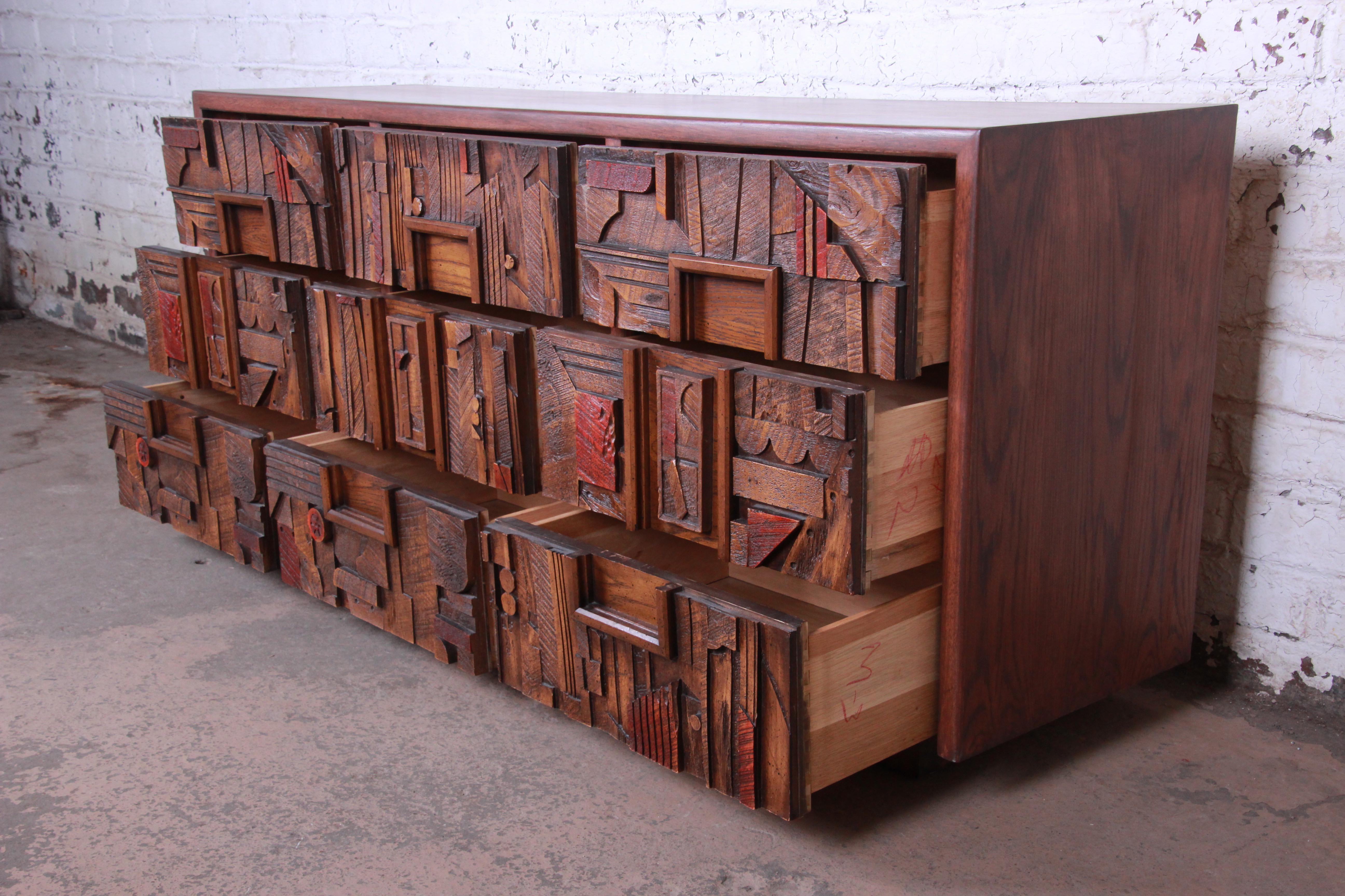 Lane Pueblo Brutalist Mid-Century Modern Oak Long Dresser or Credenza, 1970s 1