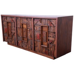 Lane Pueblo Brutalist Mid-Century Modern Oak Long Dresser or Credenza, 1970s