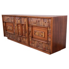 Lane Pueblo Brutalist Mid-Century Modern Long Dresser ou Credenza en chêne:: 1970