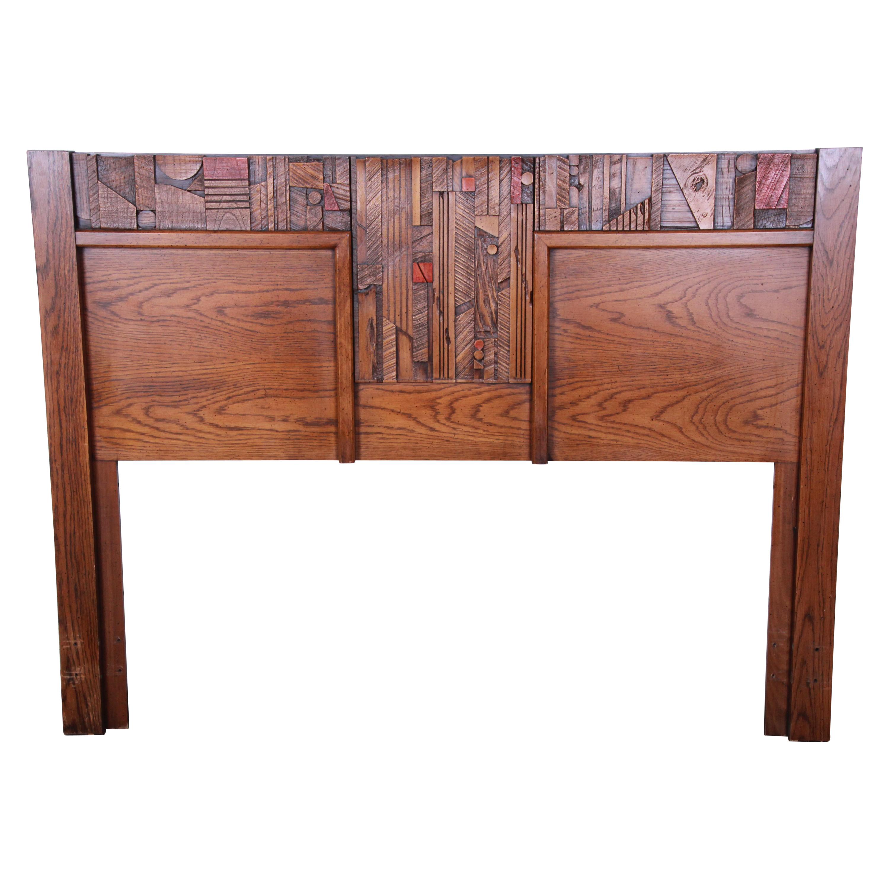 Lane Pueblo Brutalist Mid-Century Modern Oak Queen Size Headboard, 1970s
