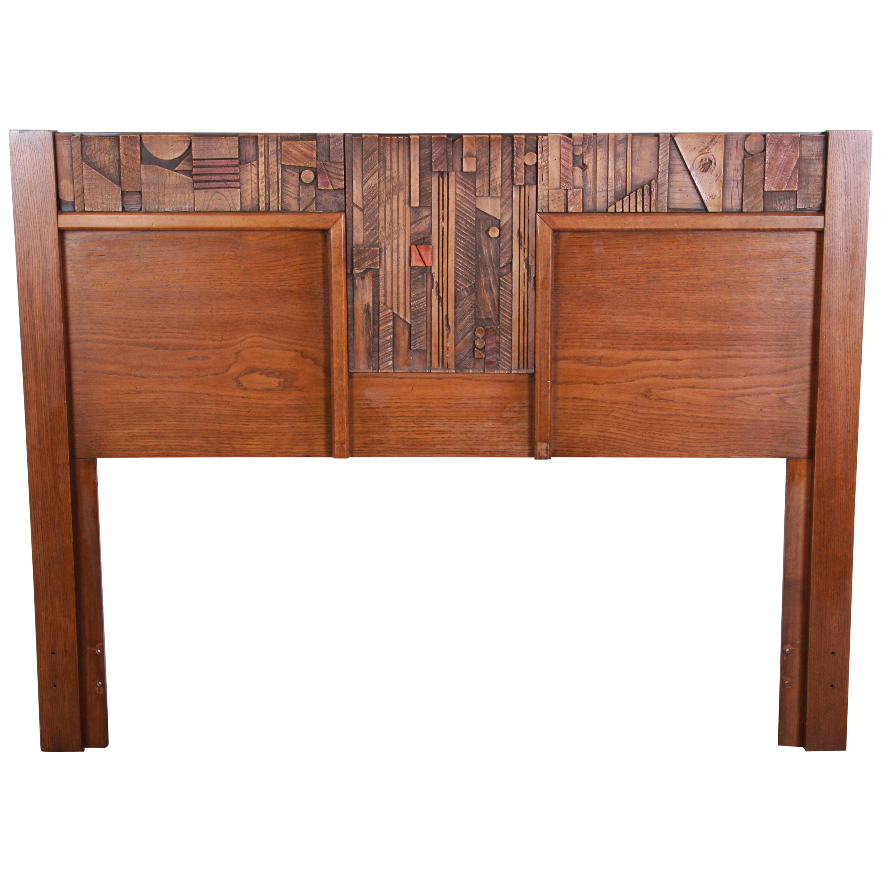 Lane Pueblo Brutalist Mid-Century Modern Oak Queen Size Headboard, 1970s