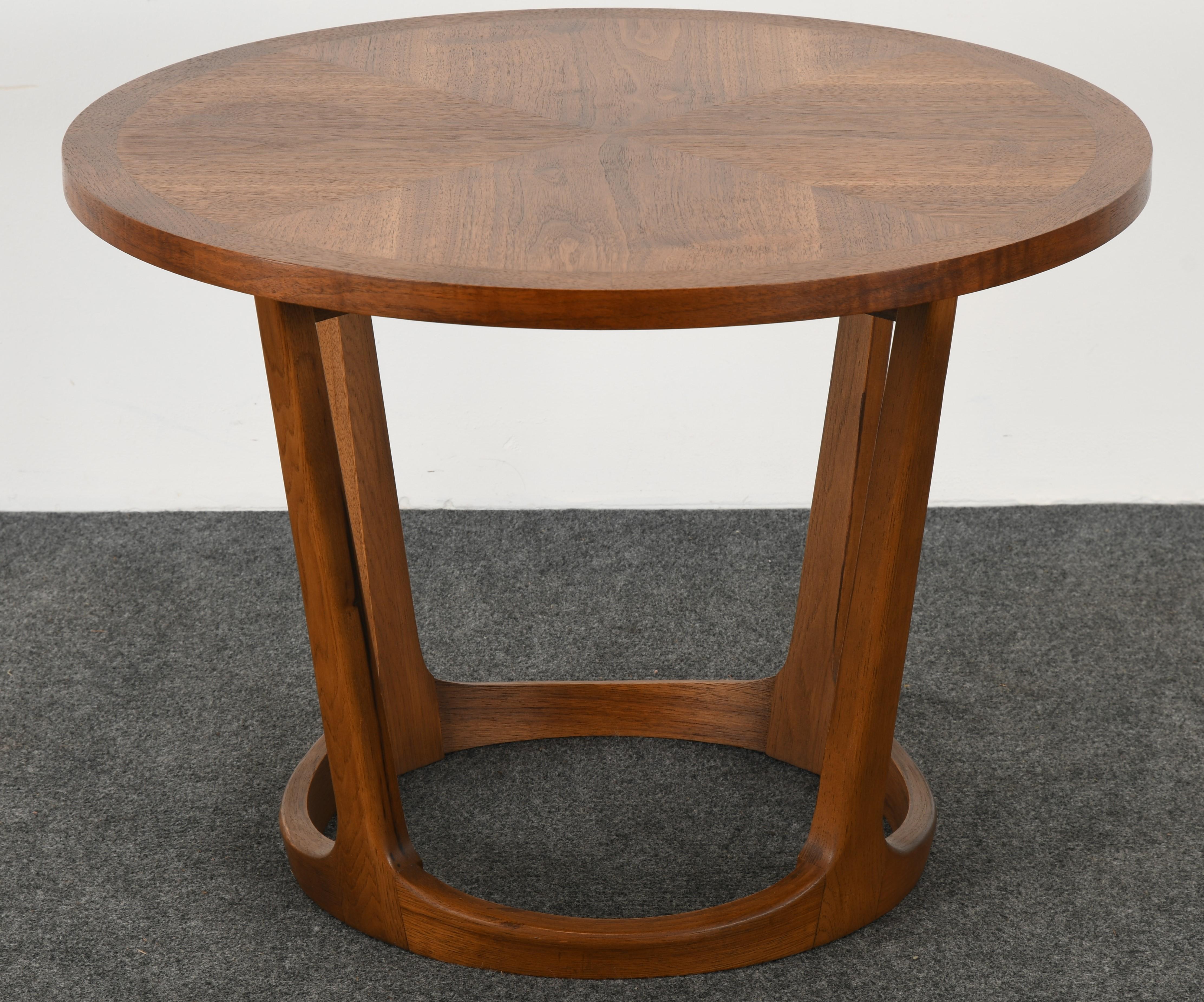 A modernist table by Lane Furniture Company in walnut style number 997-22. This is a great table from the Lane 
