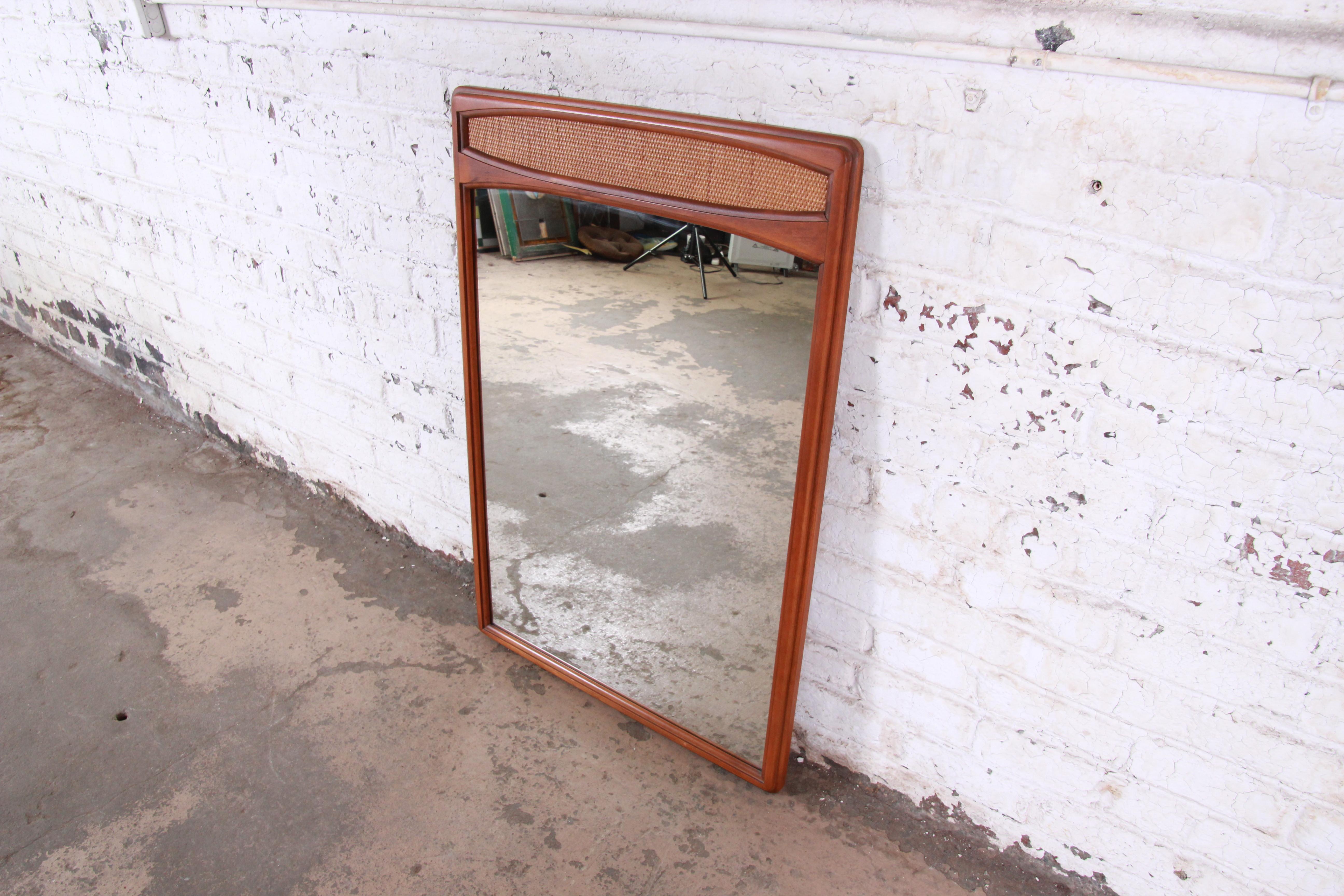 American Lane Rhythm Mid-Century Modern Cane and Walnut Framed Mirror