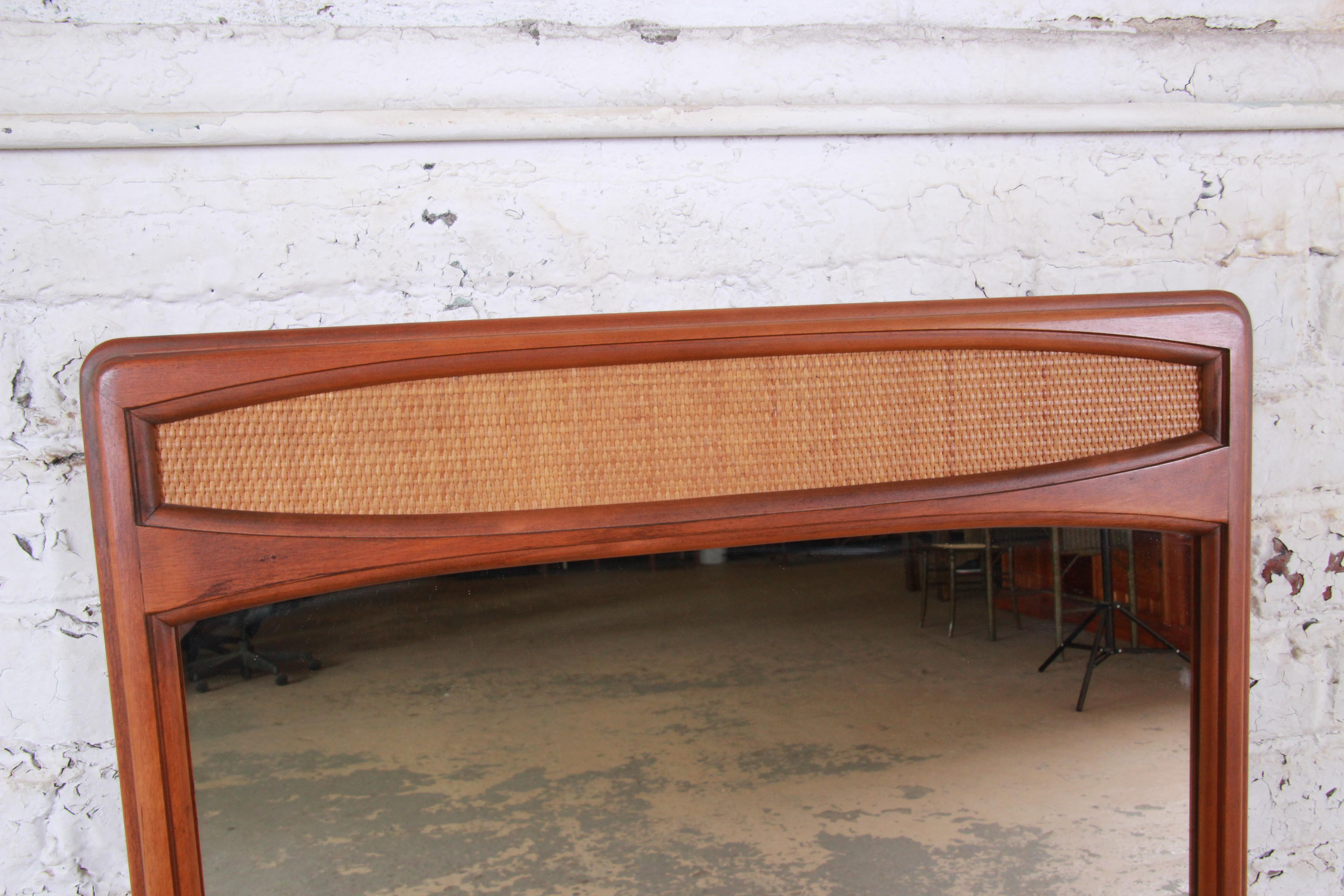 Lane Rhythm Mid-Century Modern Cane and Walnut Framed Mirror In Good Condition In South Bend, IN