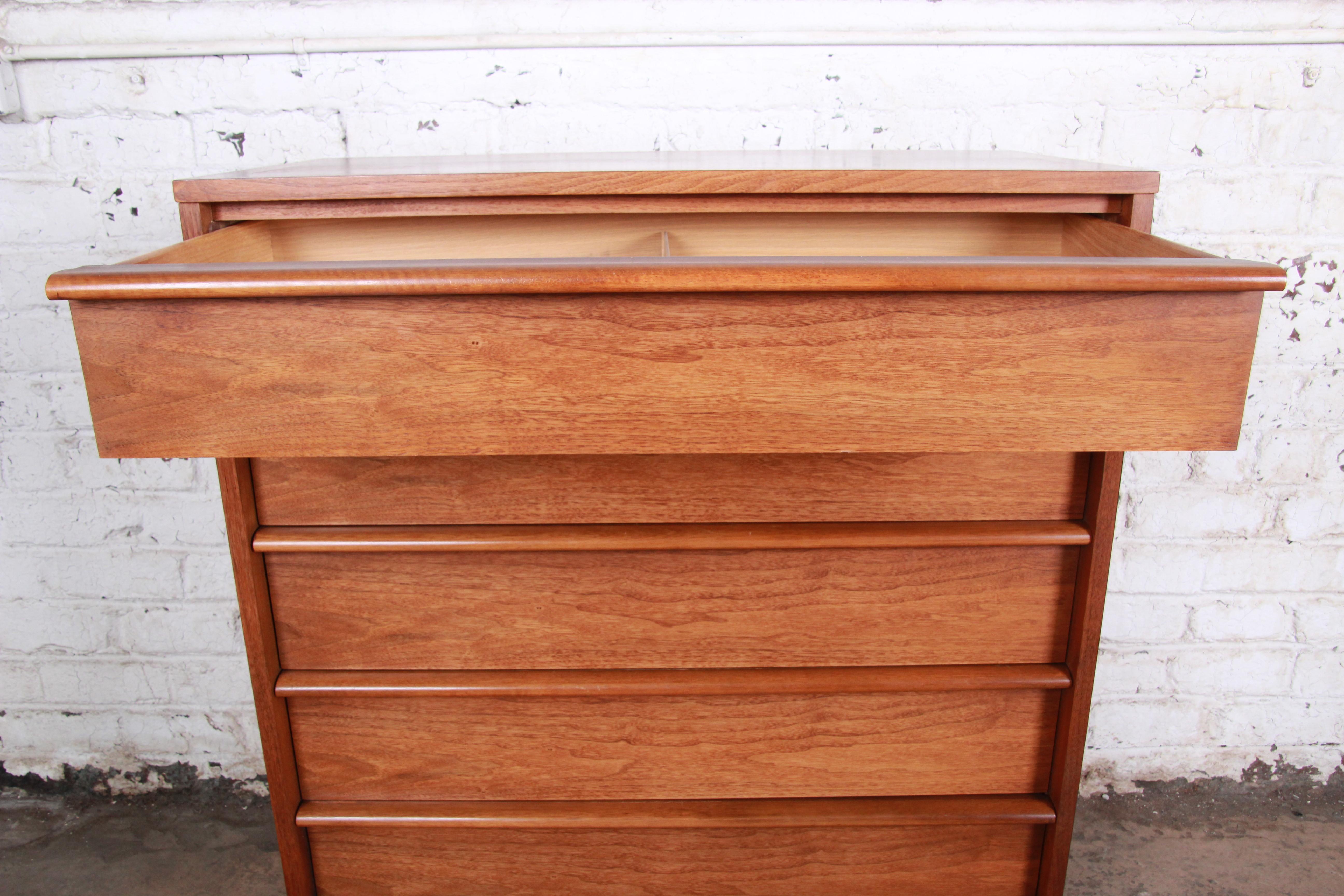 American Lane Rhythm Mid-Century Modern Sculpted Walnut Highboy Dresser