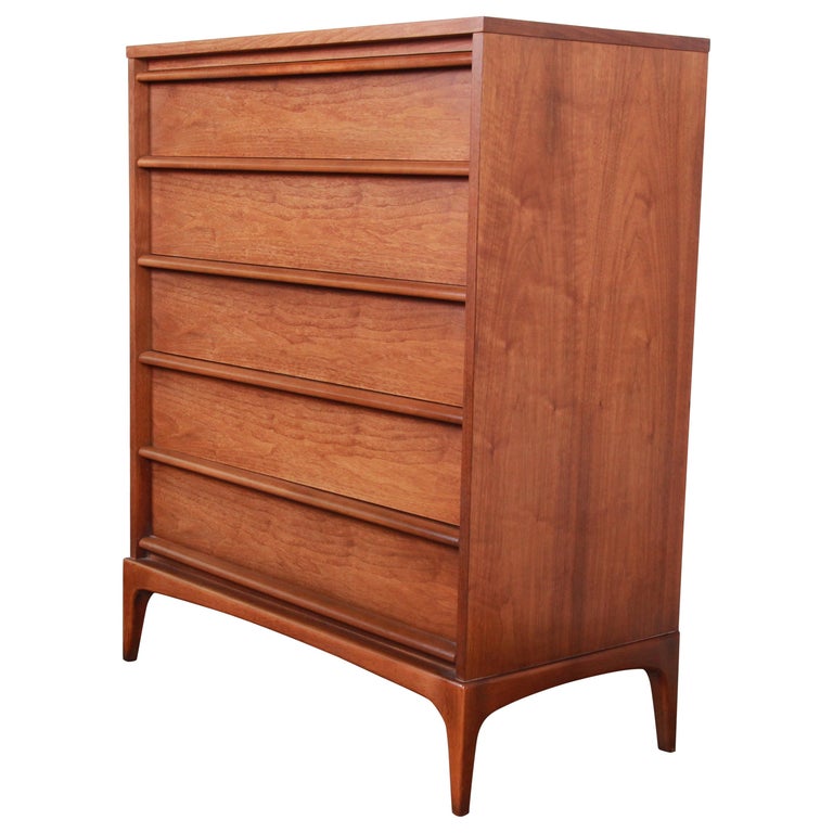 Lane Rhythm MidCentury Modern Sculpted Walnut Highboy Dresser at
