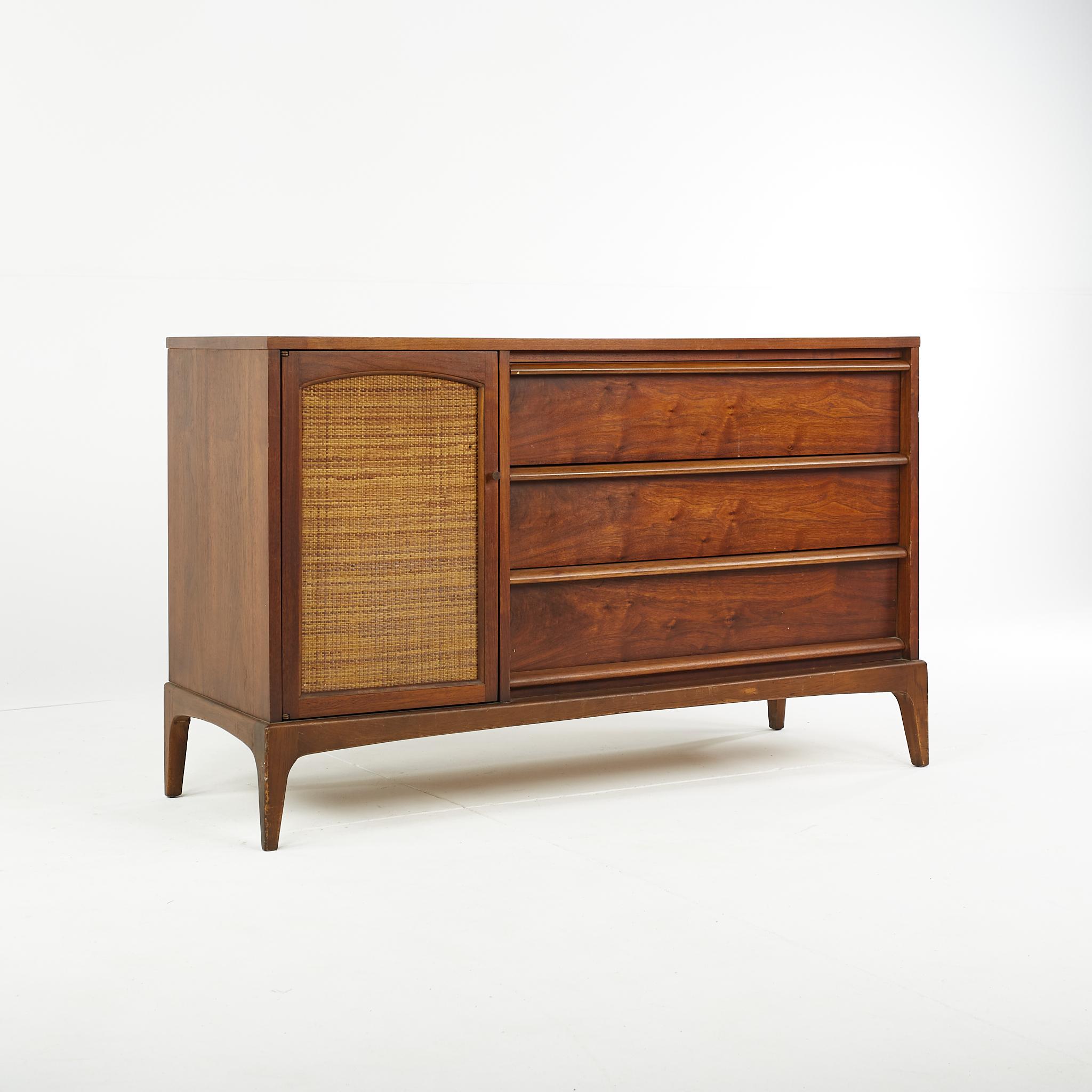 American Lane Rhythm Mid-Century Reversible Door Walnut and Cane Buffet For Sale