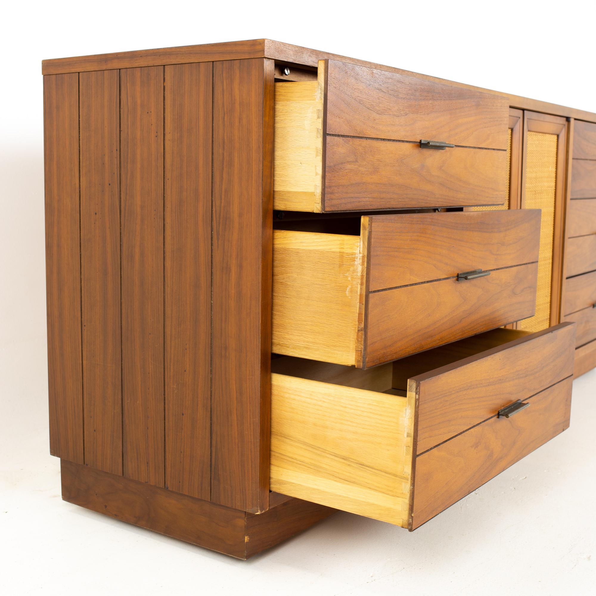 Brass Lane Rhythm Mid Century Walnut and Cane 9 Drawer Lowboy Dresser