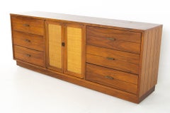 Lane Rhythm Mid Century Walnut and Cane 9 Drawer Lowboy Dresser