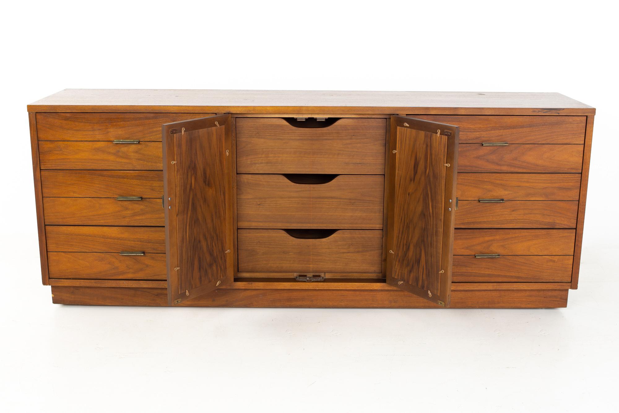 American Lane Rhythm Mid Century Walnut and Cane 9 Drawer Lowboy Dresser