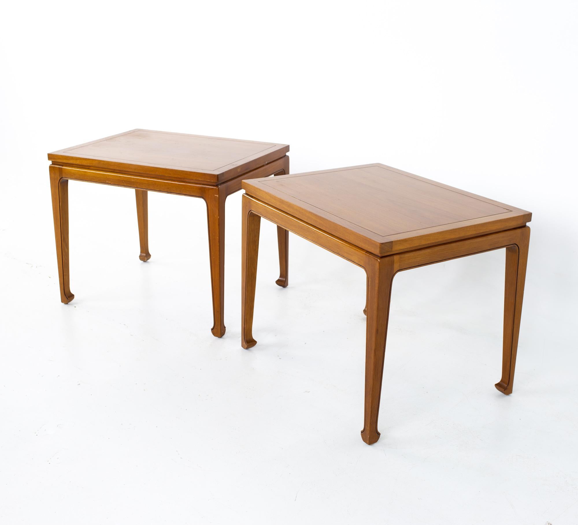 Lane Rhythm style fine arts furniture company mid century walnut side end tables - a pair
Each table measures: 27 wide x 21 deep x 22.25 inches high

All pieces of furniture can be had in what we call restored vintage condition. That means the