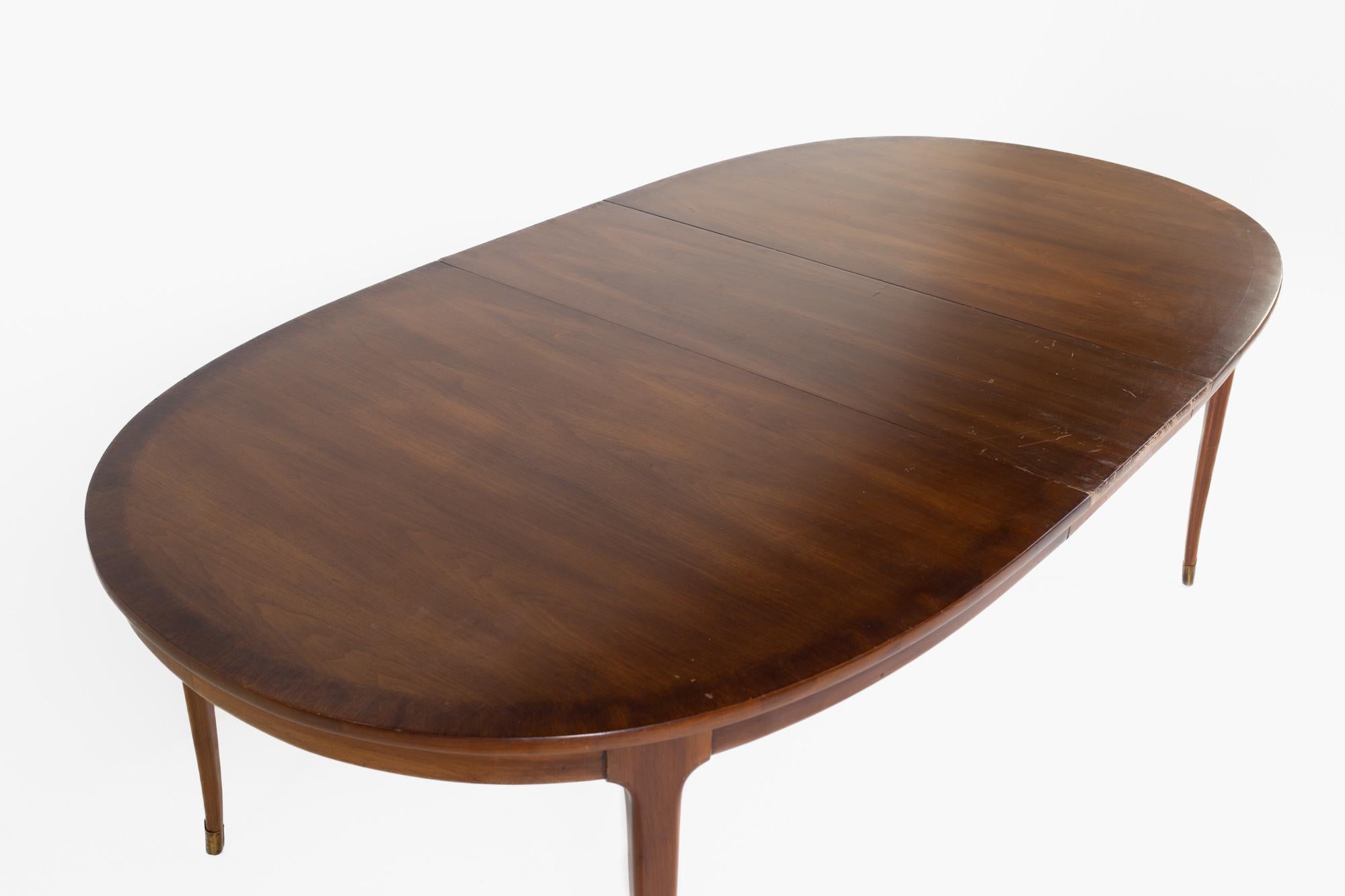 Lane Rhythm Style Mid Century Oval Walnut Dining Table with Brass Tipped Legs an 4