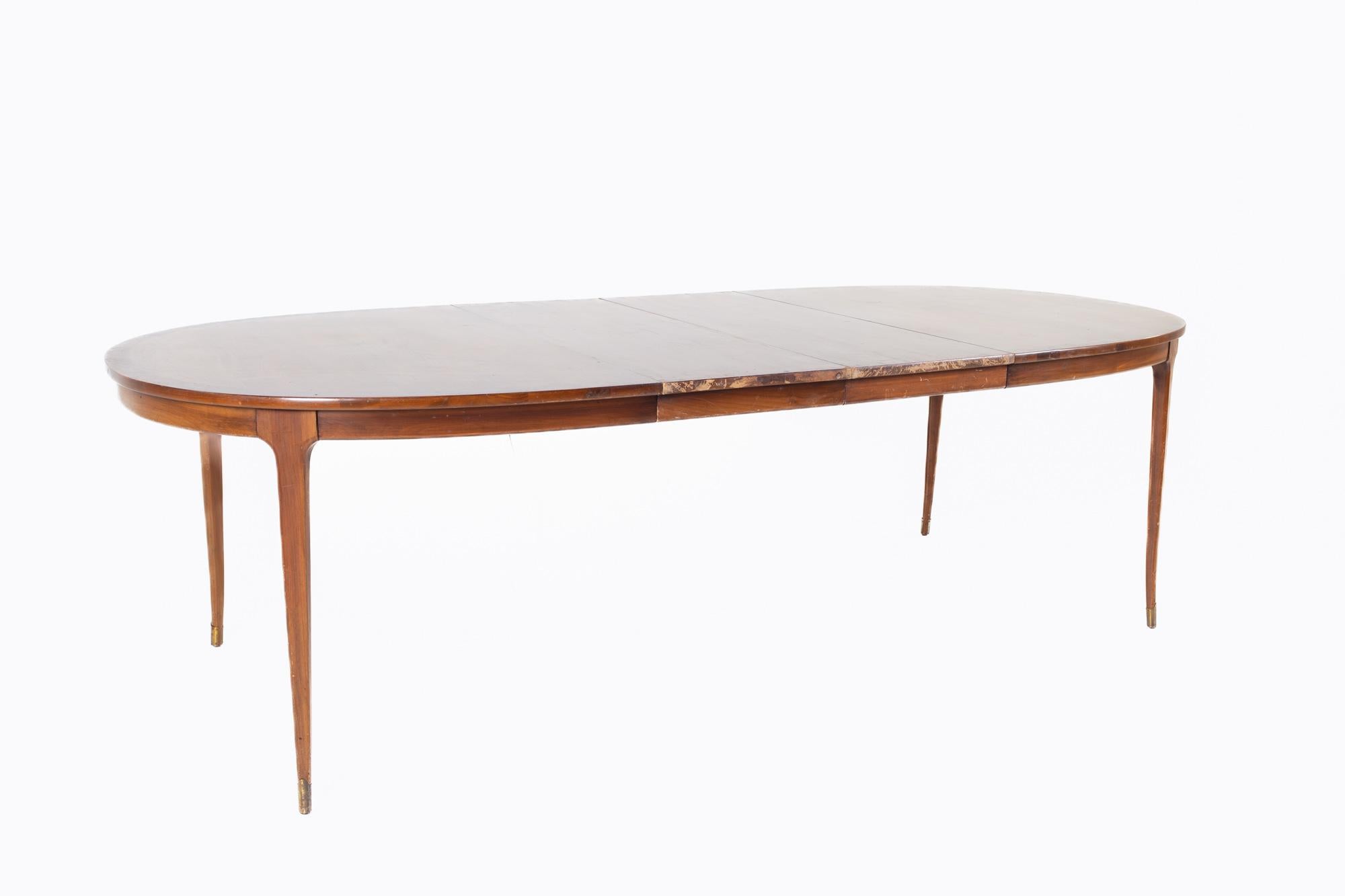Lane Rhythm Style Mid Century Oval Walnut Dining Table with Brass Tipped Legs an 6