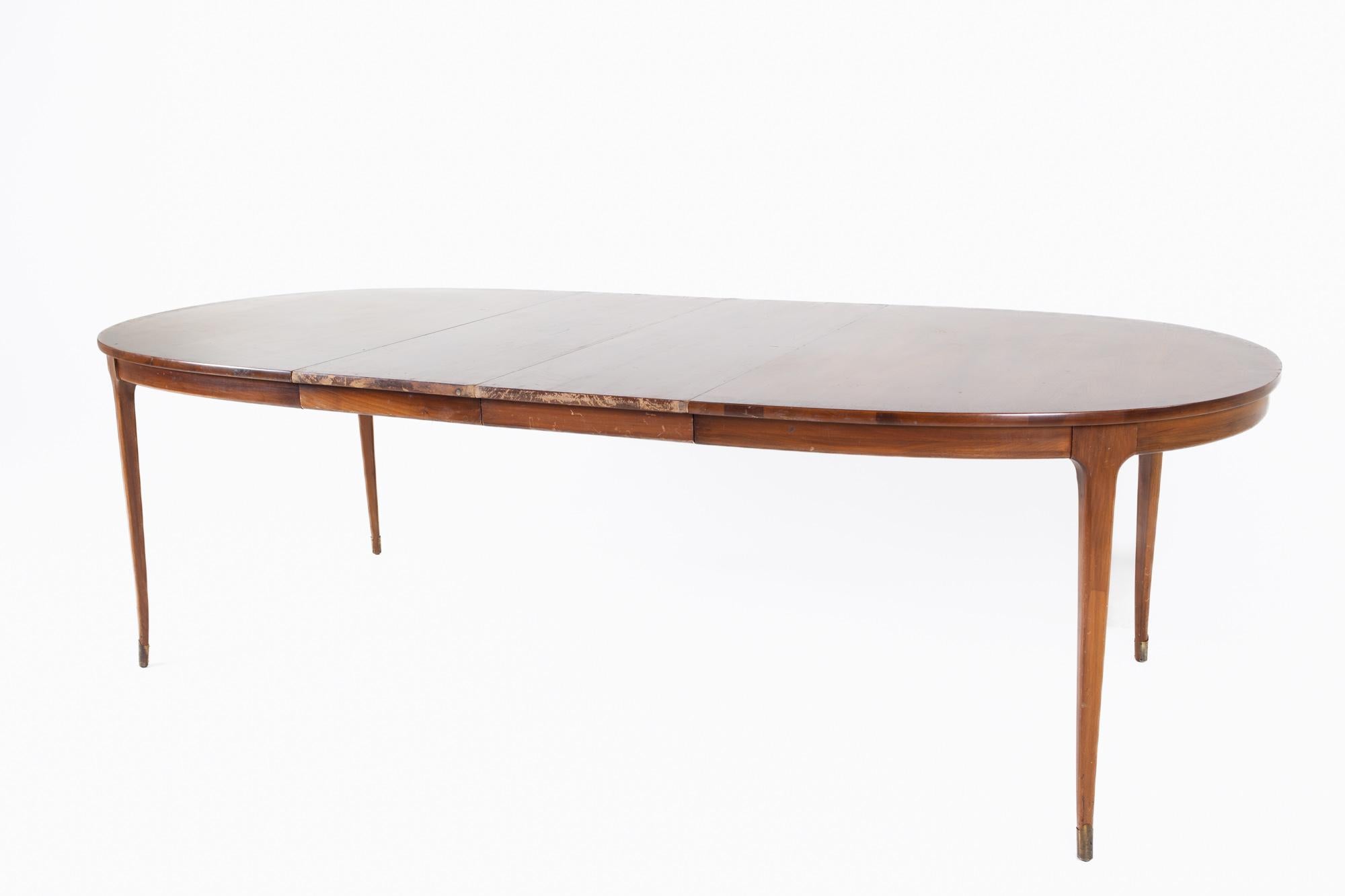 Lane Rhythm Style Mid Century Oval Walnut Dining Table with Brass Tipped Legs an 8