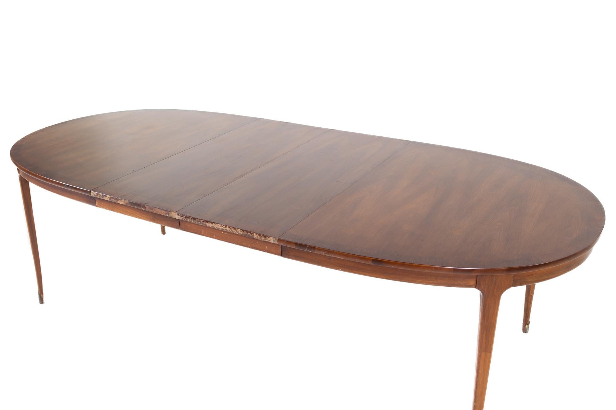 Lane Rhythm Style Mid Century Oval Walnut Dining Table with Brass Tipped Legs an 11