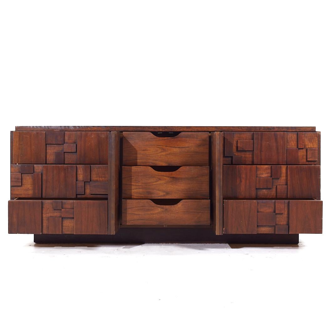 Lane Stacatto Brutalist Mid Century Walnut Lowboy Dresser 1