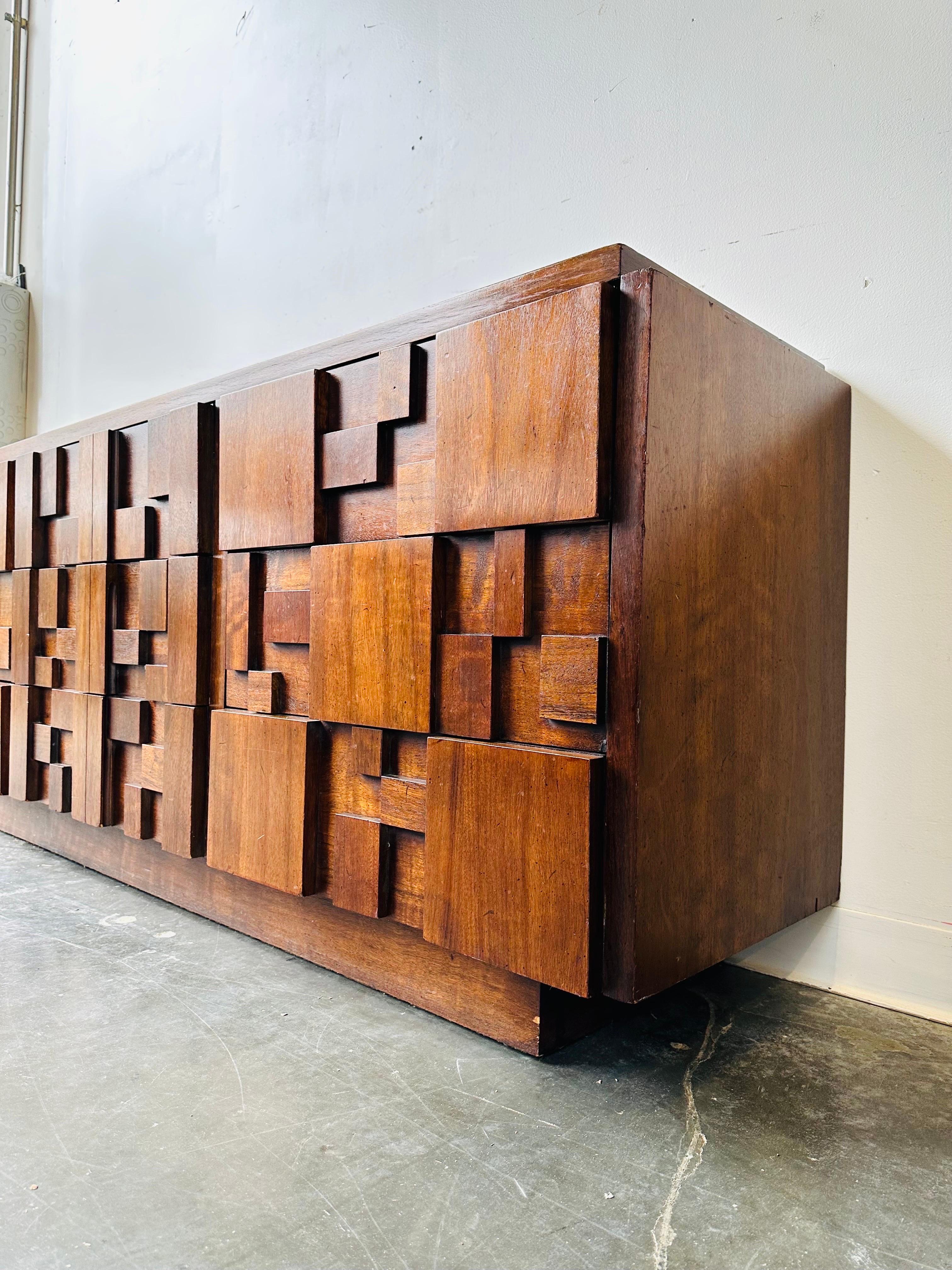 Walnut Lane Staccato Brutalist Dresser After Paul Evans