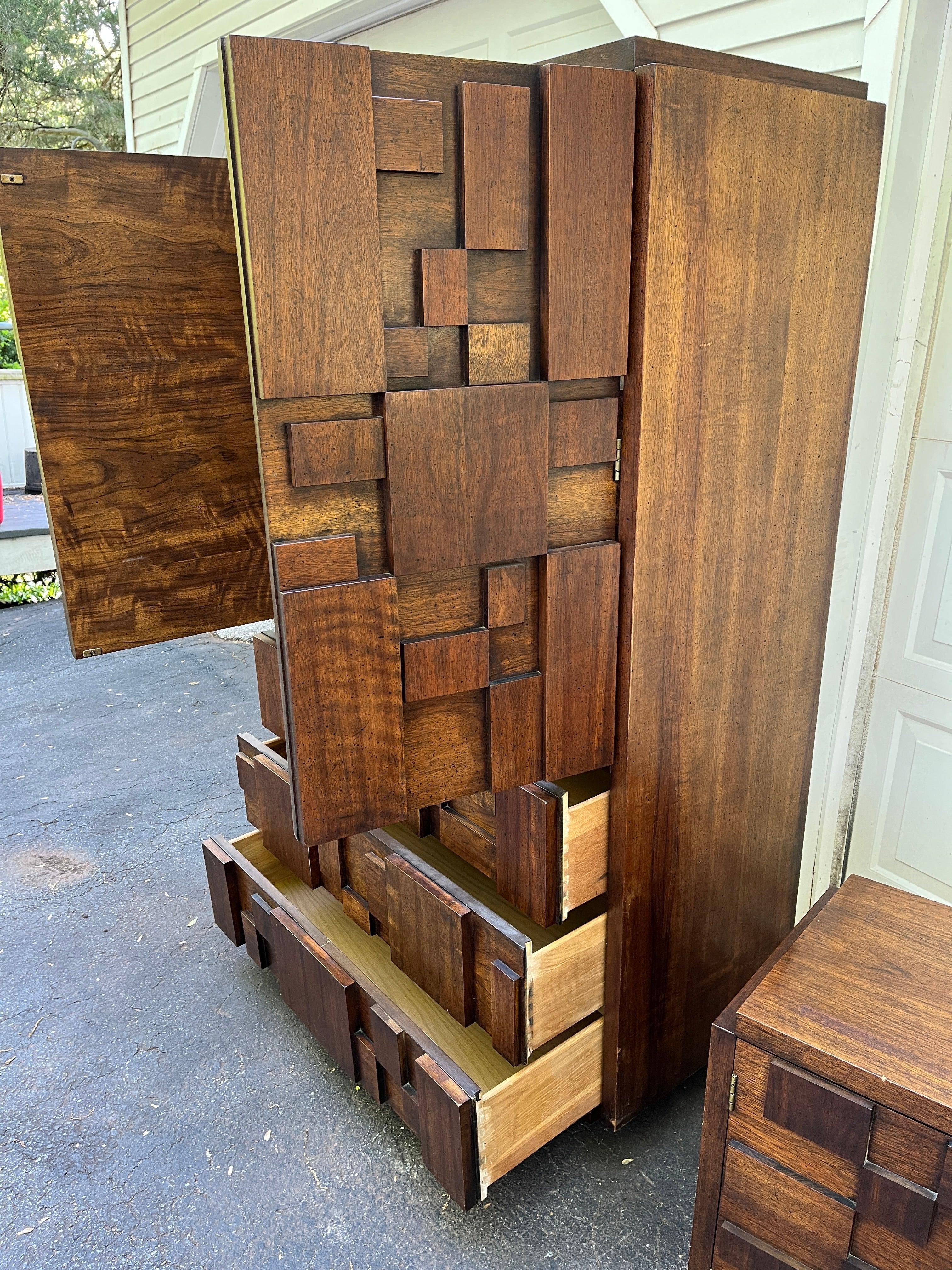 Vintage Lane Brutalist Staccato Mid Century Highboy Armoire, Nightstands and Queen Headboard inspired by the Paul Evans design. Great vintage condition with minor signs of wear.