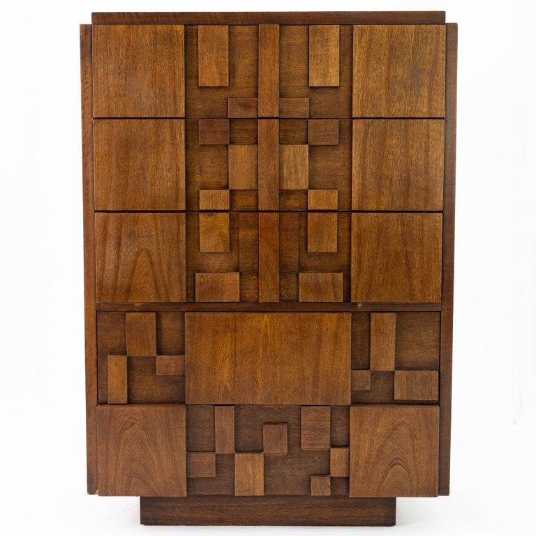 Lane Staccato Brutalist Mid Century walnut 5 drawer highboy dresser Gentleman's Chest Armoire

Armoire measures: 38.25 wide x 18.75 deep x 54 inches high

All pieces of furniture can be had in what we call restored vintage condition. That means