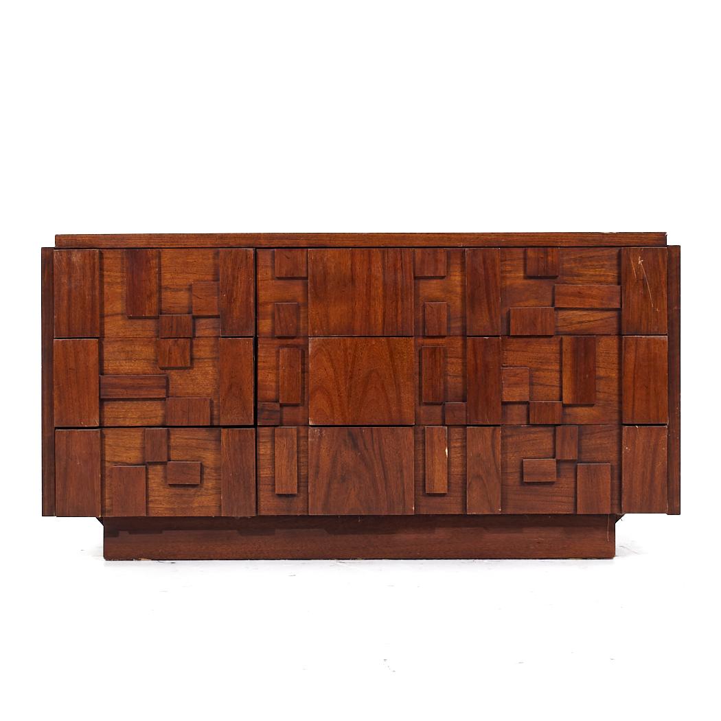 Lane Staccato Brutalist Mid Century 6 Drawer Walnut Lowboy Dresser

This lowboy measures: 58 wide x 18 deep x 30 inches high

All pieces of furniture can be had in what we call restored vintage condition. That means the piece is restored upon
