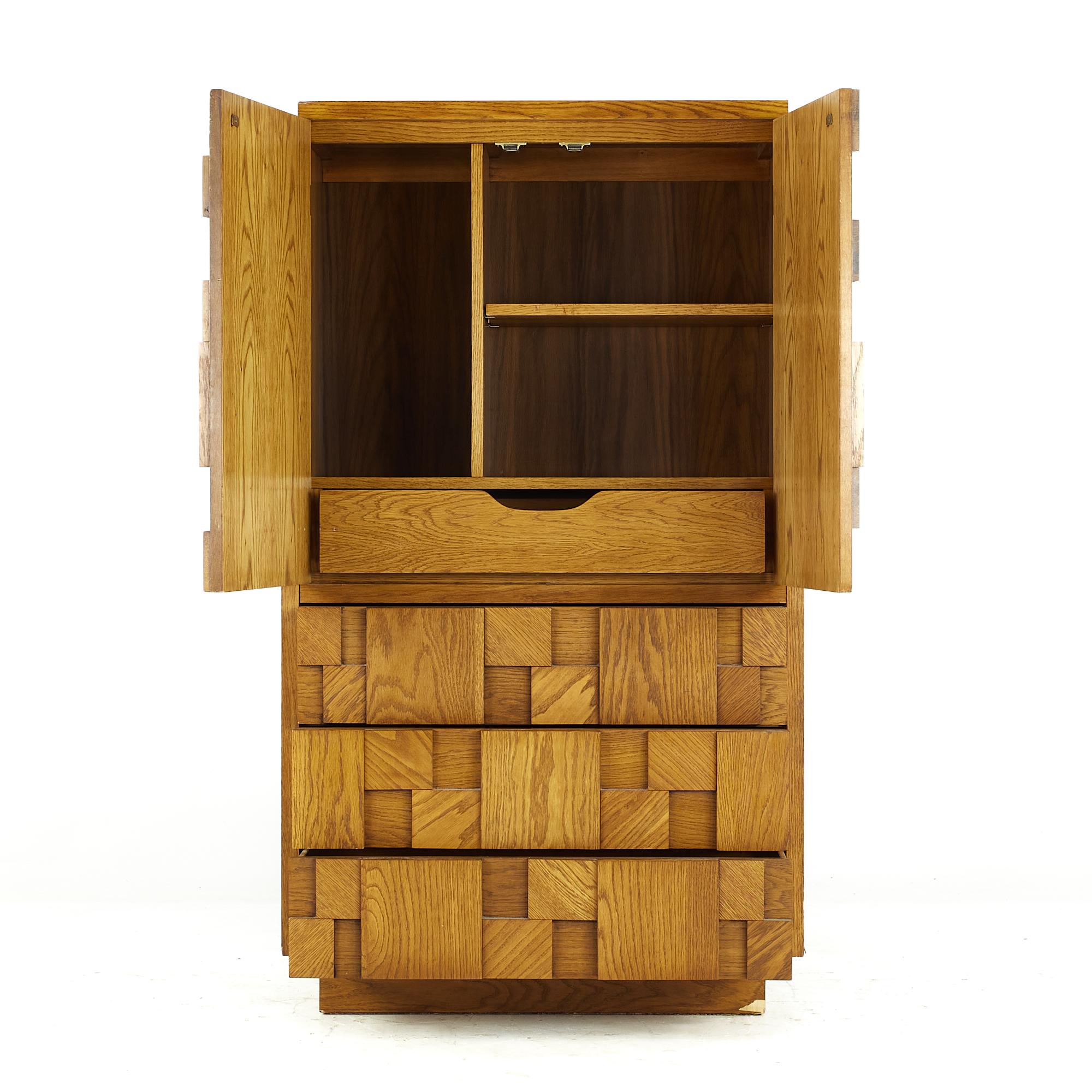 Late 20th Century Lane Staccato Brutalist Midcentury Oak Armoire For Sale