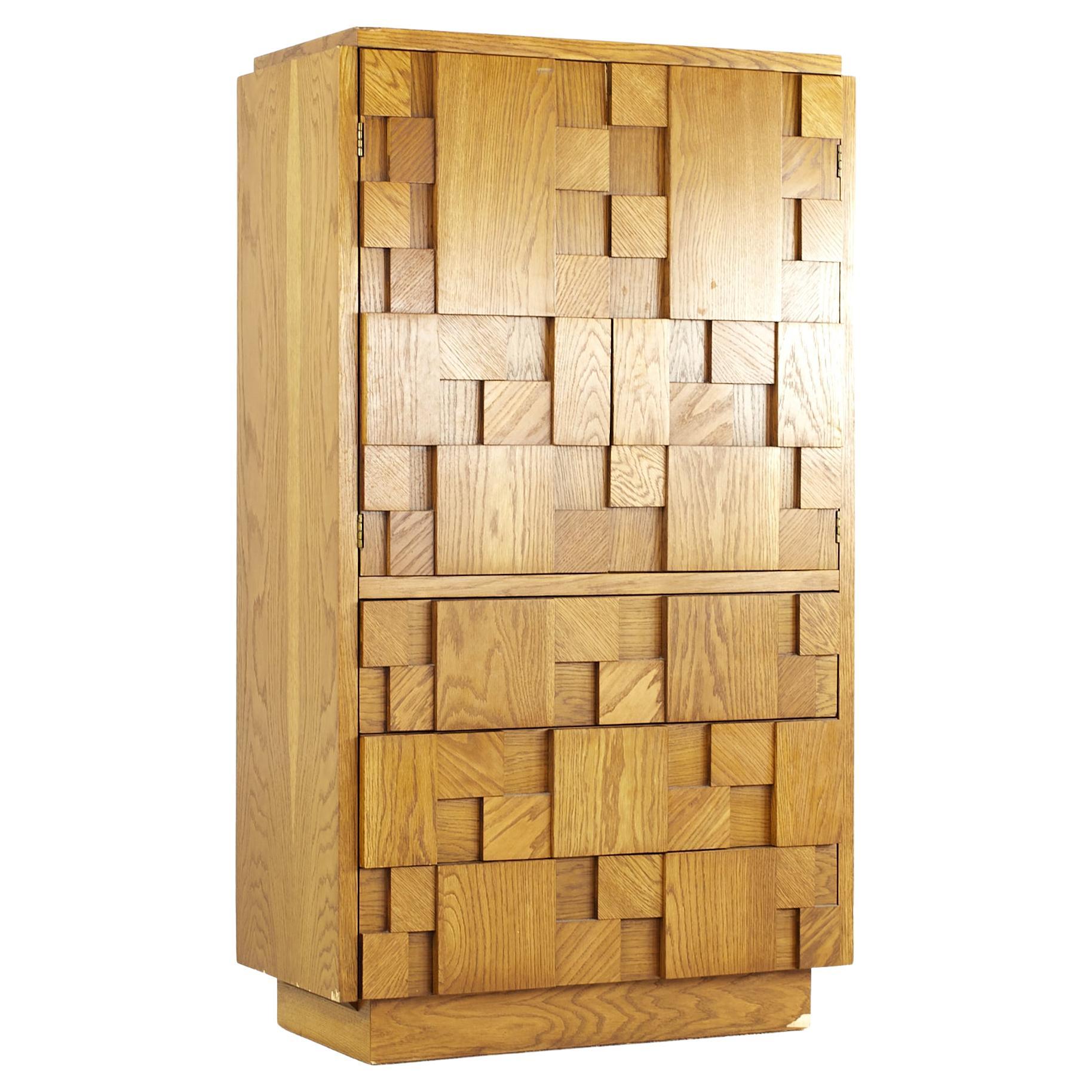 Lane Staccato Brutalist Midcentury Oak Armoire For Sale