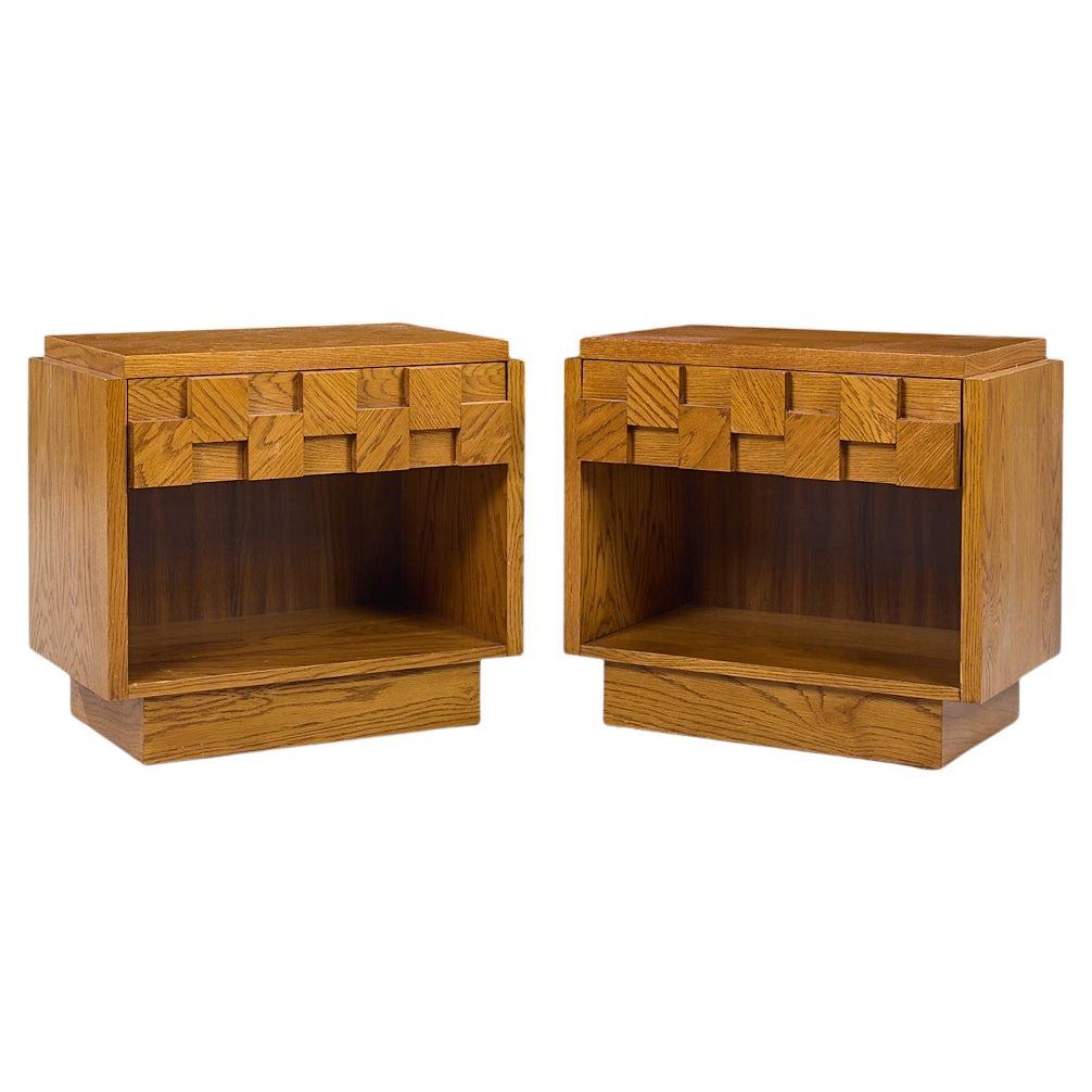 Lane Staccato Brutalist Mid Century Oak Nightstands - Pair