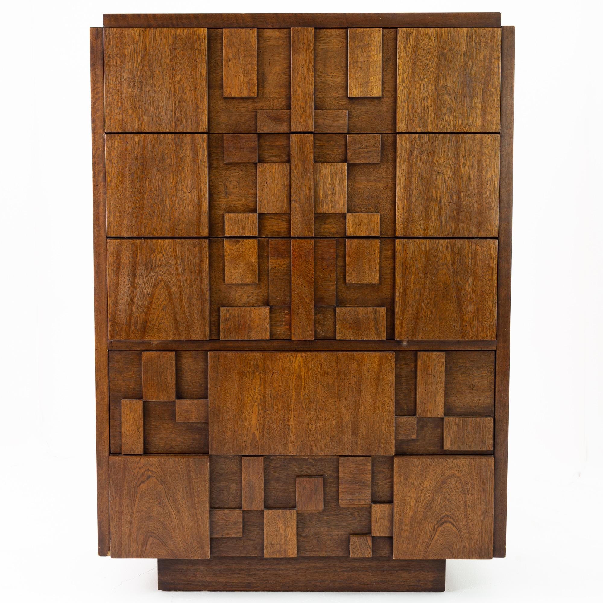 Lane staccato Brutalist mid century walnut 5 drawer highboy dresser gentleman's chest armoire
Armoire measures: 38 wide x 19 deep x 54 inches high

?All pieces of furniture can be had in what we call restored vintage condition. That means the