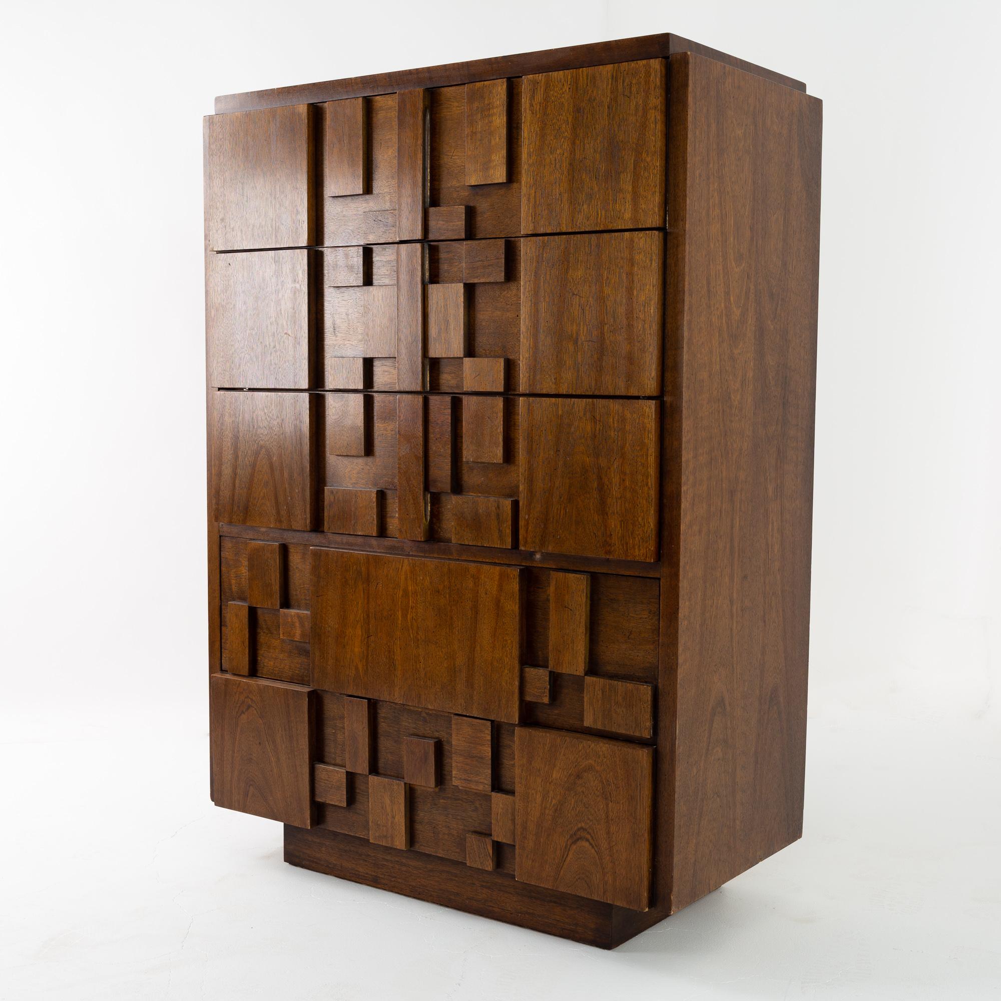 Mid-Century Modern Lane Staccato Brutalist Mid Century Walnut 5 Drawer Highboy Dresser Gentleman's