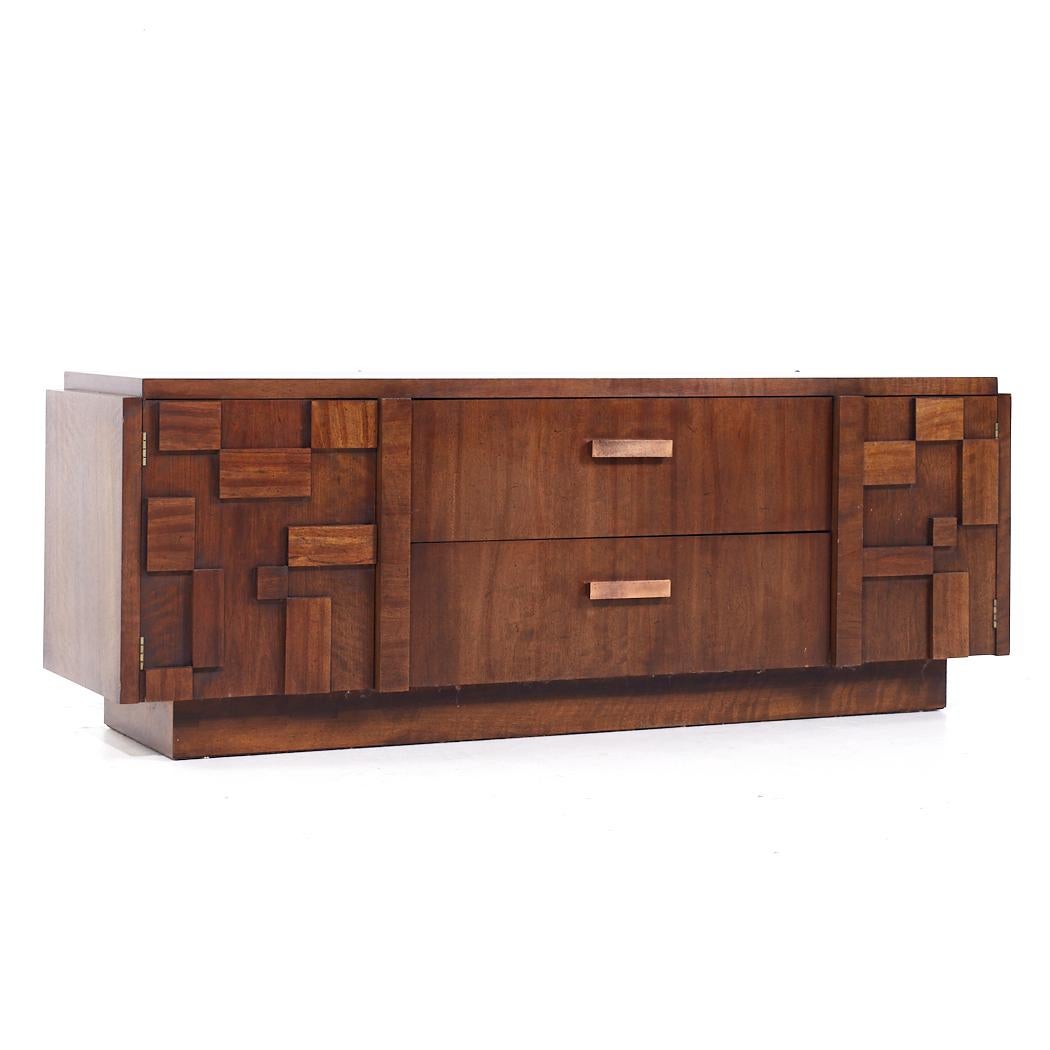 Glass Lane Staccato Brutalist Mid Century Walnut Credenza and Hutch For Sale