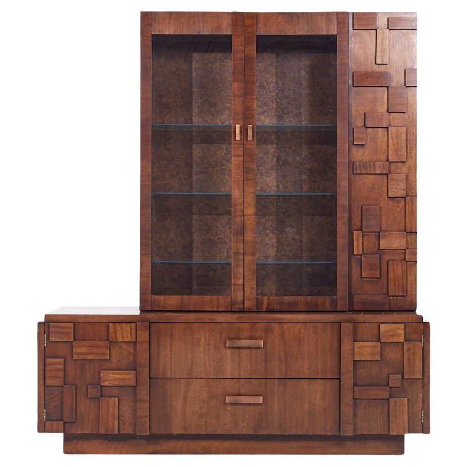 Lane Staccato Brutalist Mid Century Walnut Credenza and Hutch For Sale