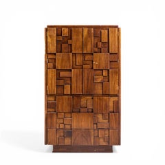 Lane Staccato Brutalist Mid Century Walnut Highboy Armoire Dresser