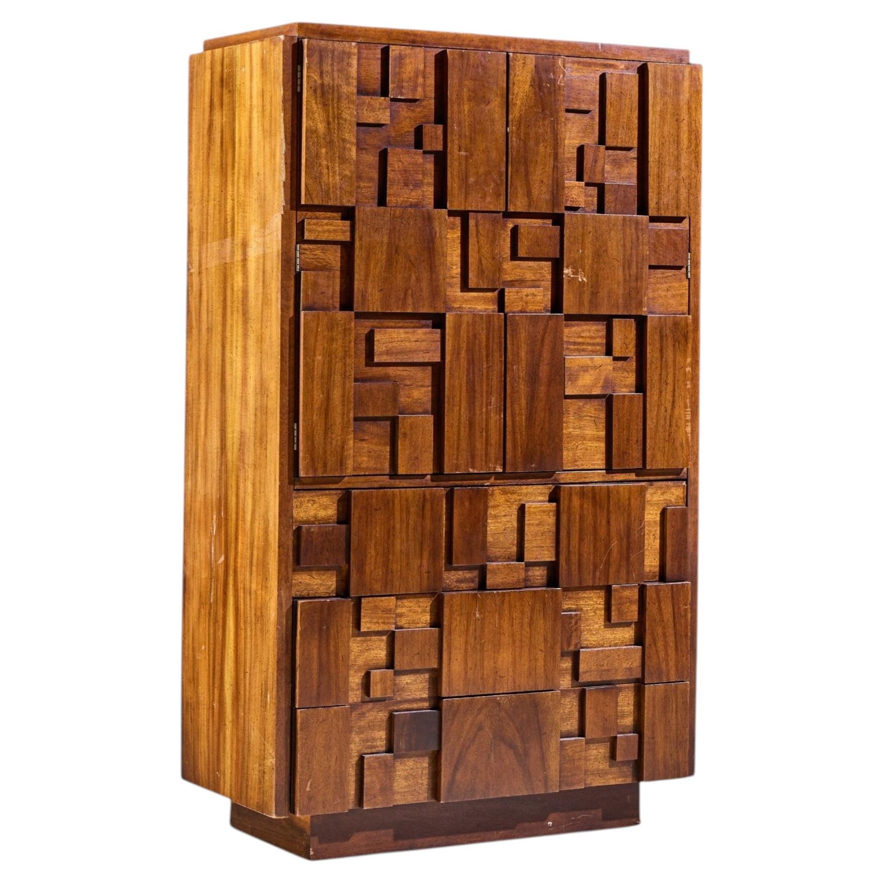Lane's Staccato Brutalist Mid Century Walnut Highboy Armoire Dresser