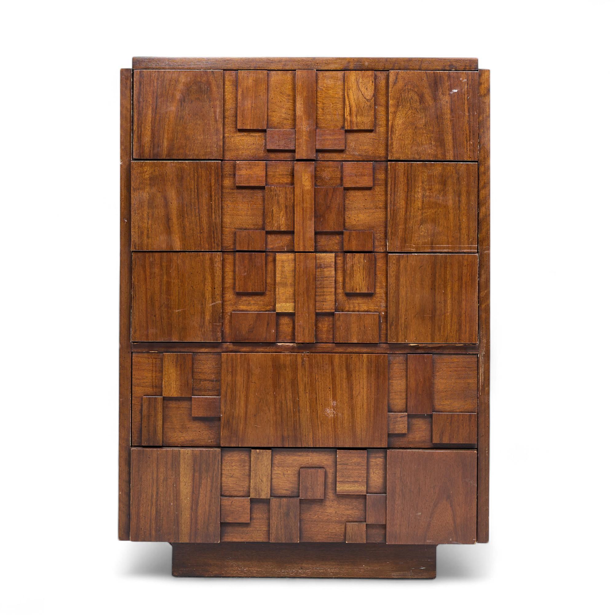 Lane Staccato Brutalist Mid Century Walnut Highboy Dresser

This highboy measures: 38 wide x 18.5 deep x 54 inches high

All pieces of furniture can be had in what we call restored vintage condition. That means the piece is restored upon purchase so