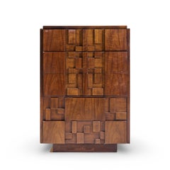 Lane Staccato Brutalist Mid Century Walnut Highboy Dresser