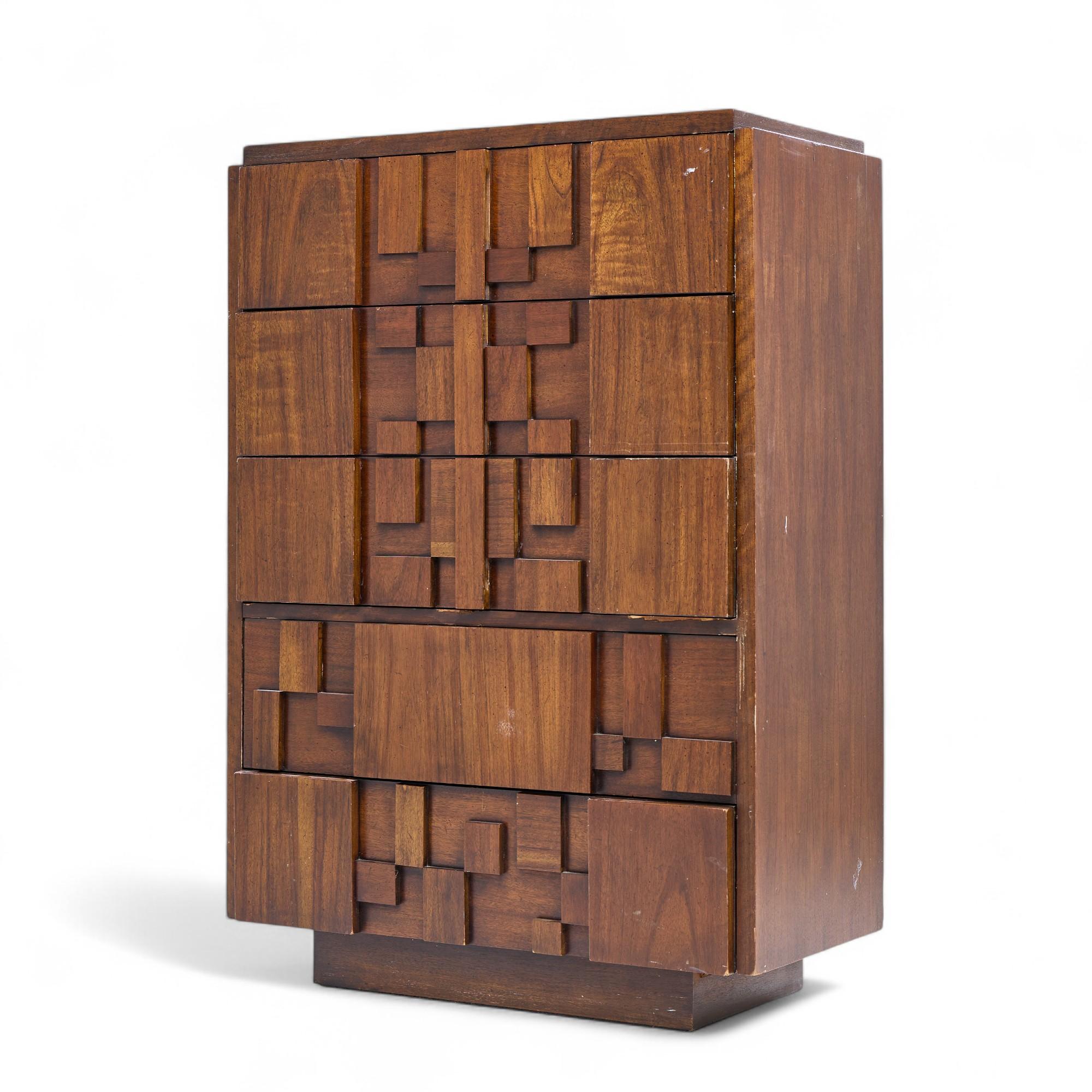 Mid-Century Modern Lane Staccato Brutalist Mid Century Walnut Highboy Dresser For Sale