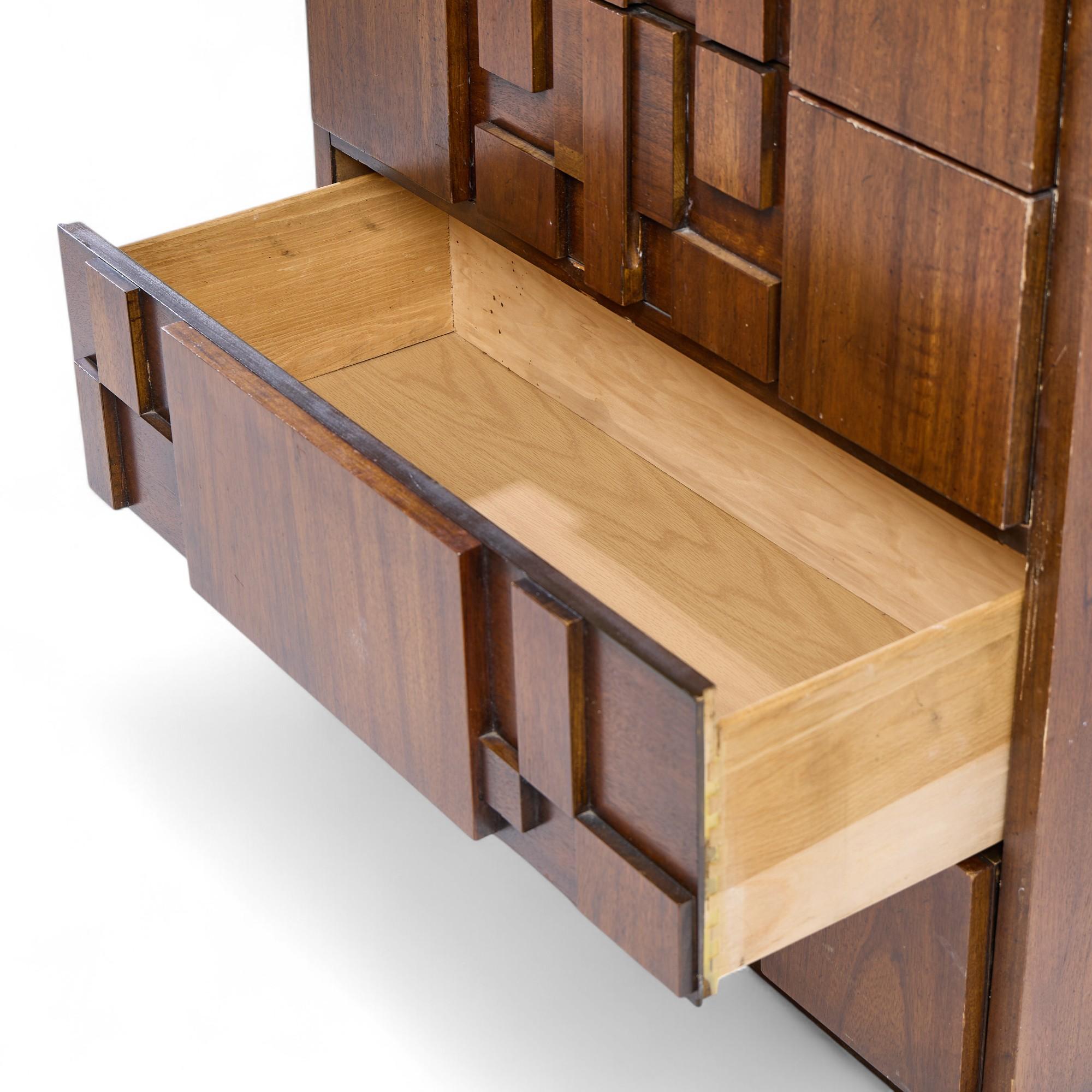20th Century Lane Staccato Brutalist Mid Century Walnut Highboy Dresser For Sale
