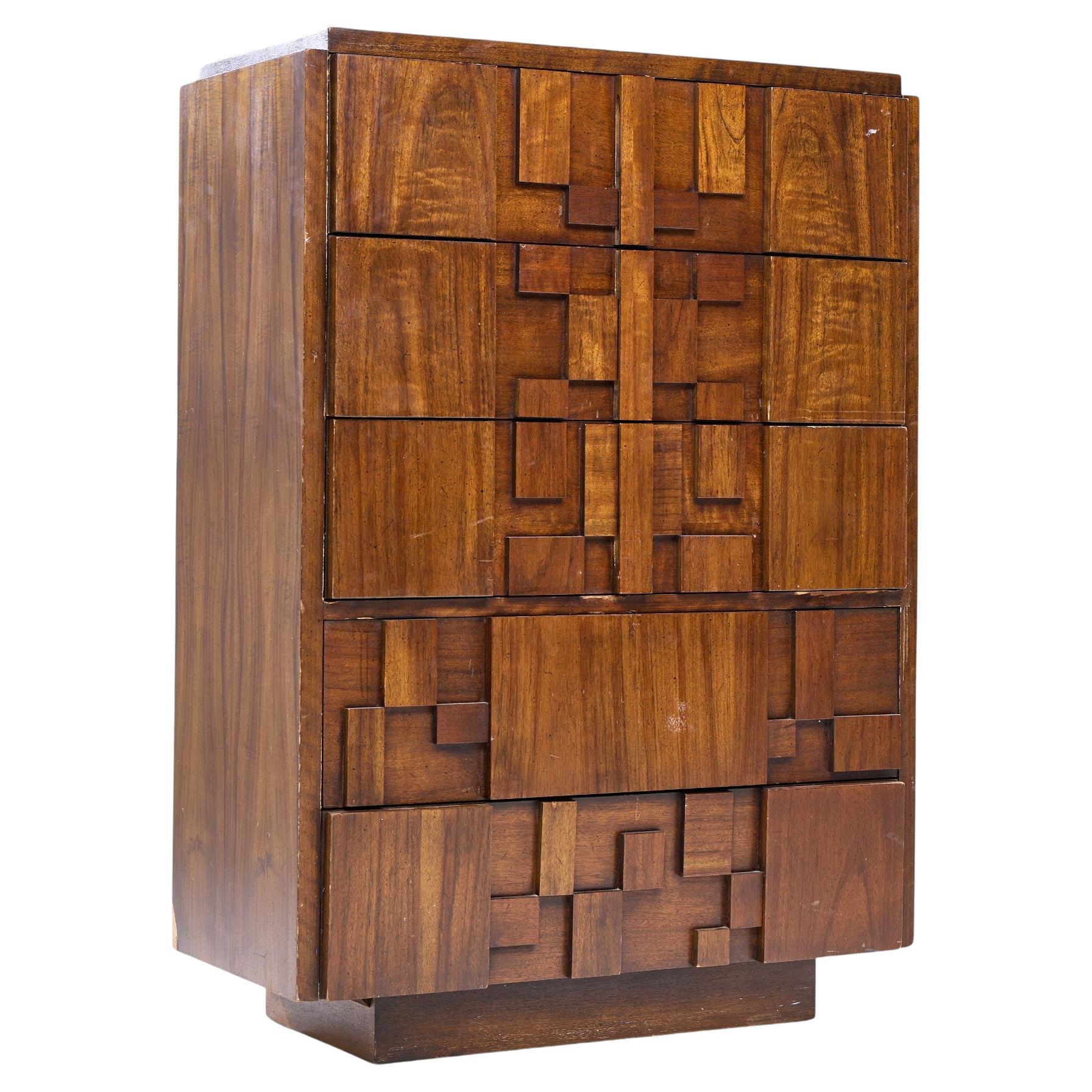 Lane Staccato Brutalist Mid Century Walnut Highboy Dresser For Sale