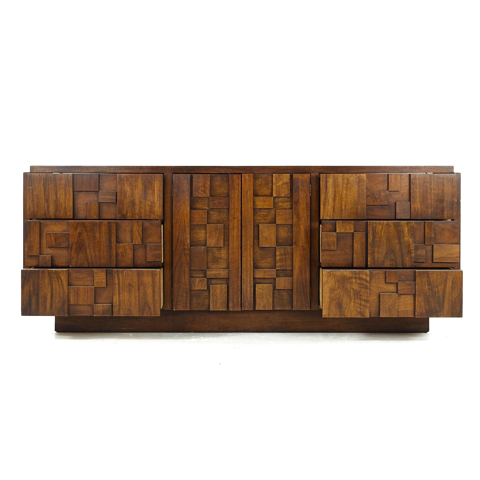 Mid-Century Modern Lane Staccato Brutalist Midcentury Walnut Lowboy 9 Drawer Dresser