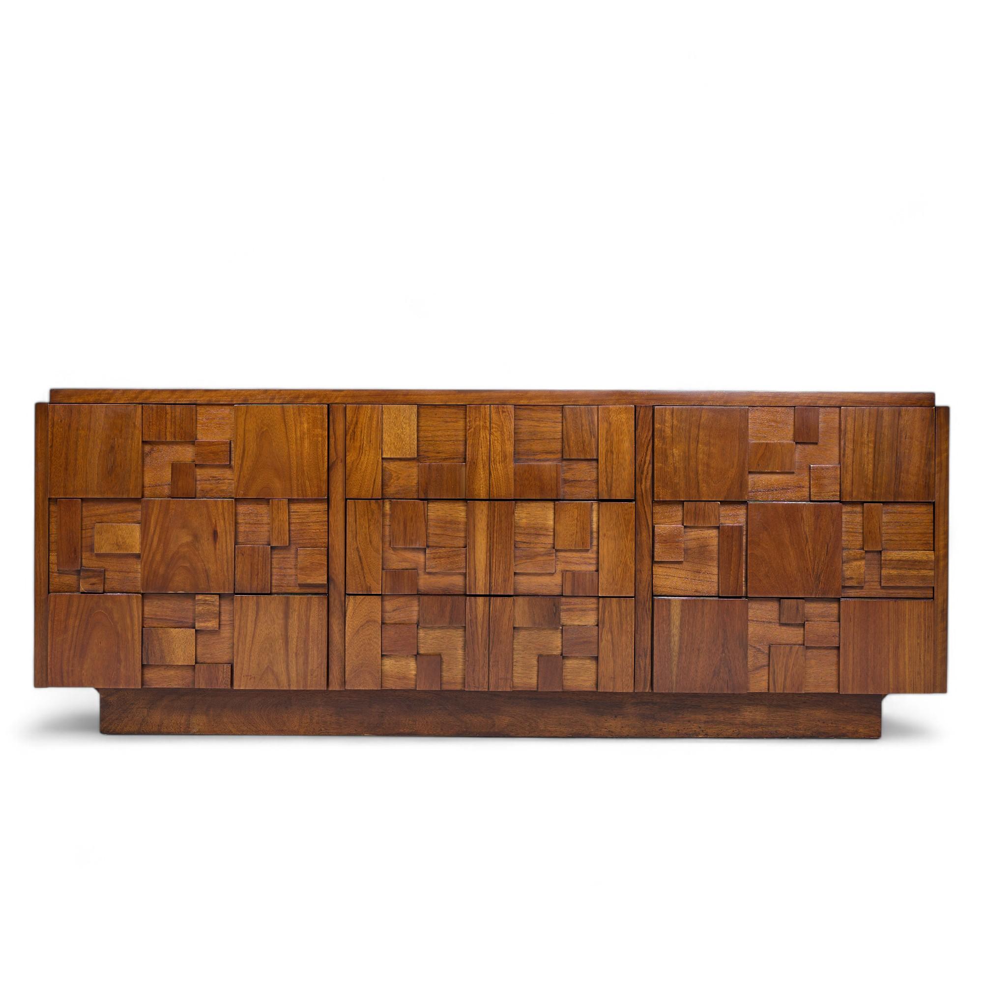Lane Staccato Brutalist Mid Century Walnut Lowboy Dresser

This lowboy measures: 78 wide x 18.5 deep x 30 inches high

All pieces of furniture can be had in what we call restored vintage condition. That means the piece is restored upon purchase so